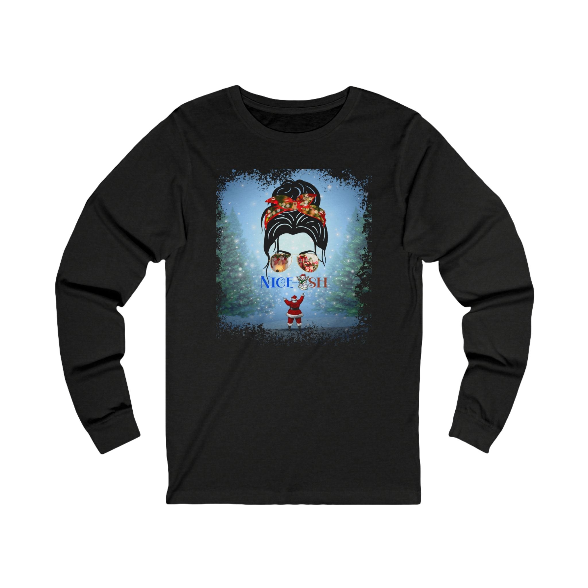 Nice-ish Santa, Dark Hair Messy Bun, Unisex Jersey Long Sleeve Tee