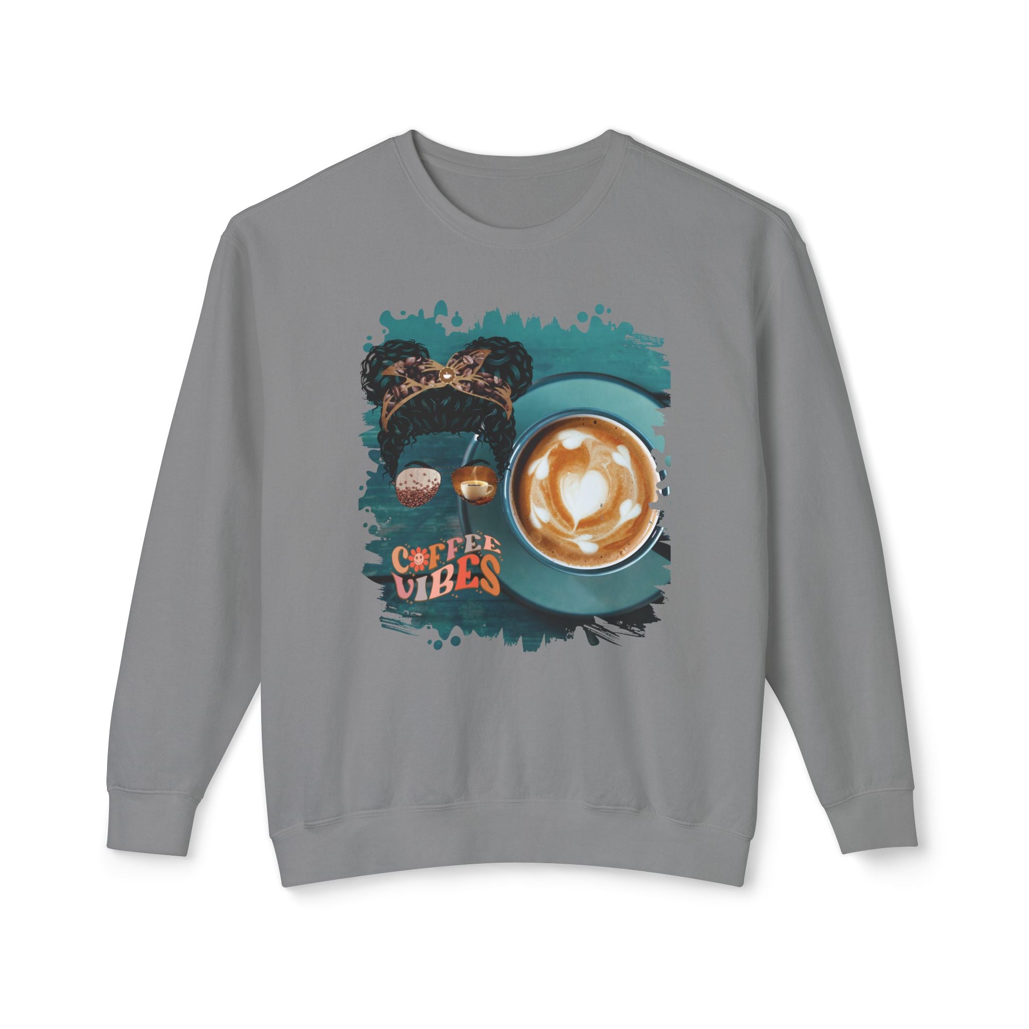 Coffee Vibes, Coffee Cup, Black Hair Messy Bun, Unisex Lightweight Crewneck Sweatshirt