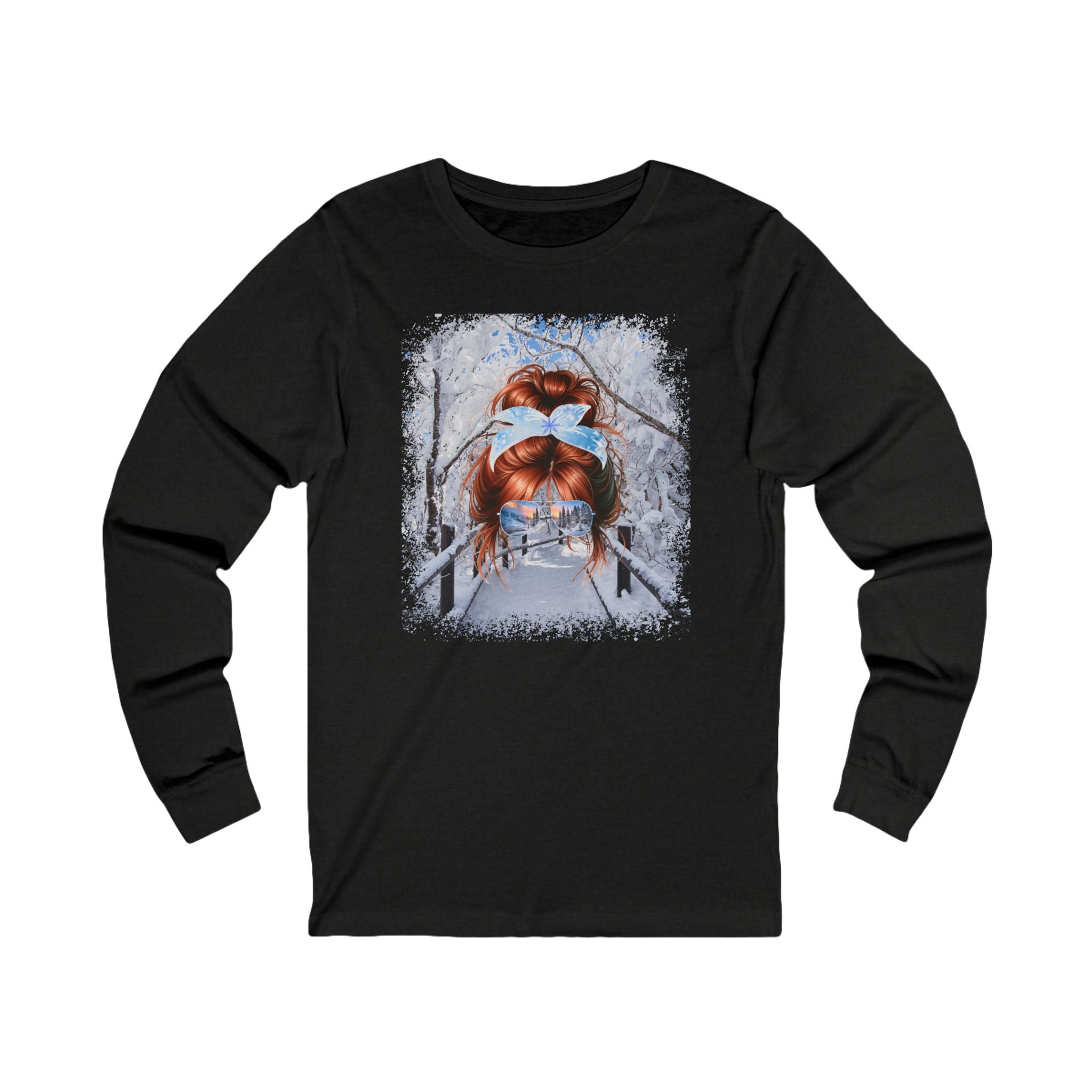 Winter Hike, Red Hair Messy Bun, Unisex Jersey Long Sleeve Tee