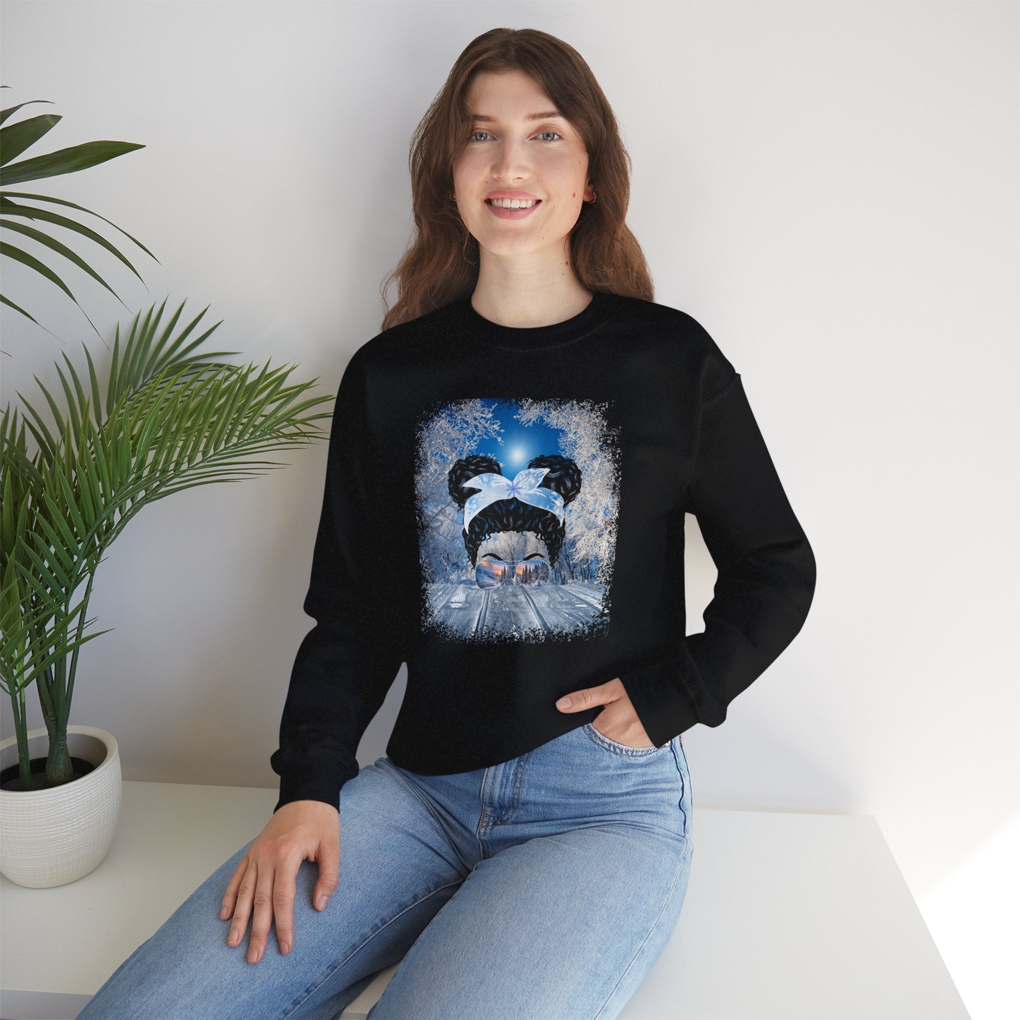 Winter Porch, Black Hair Messy Bun, Unisex Heavy Blend™ Crewneck Sweatshirt