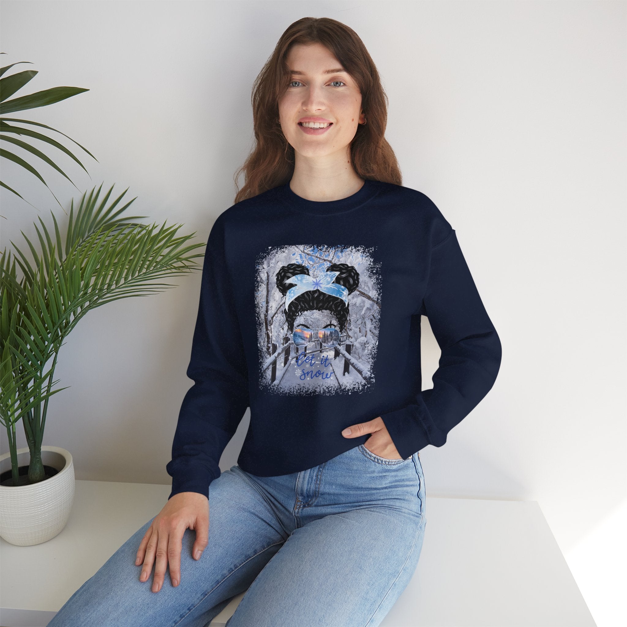 Let it Snow, Winter Hike, Black Hair Messy Bun, Unisex Heavy Blend™ Crewneck Sweatshirt