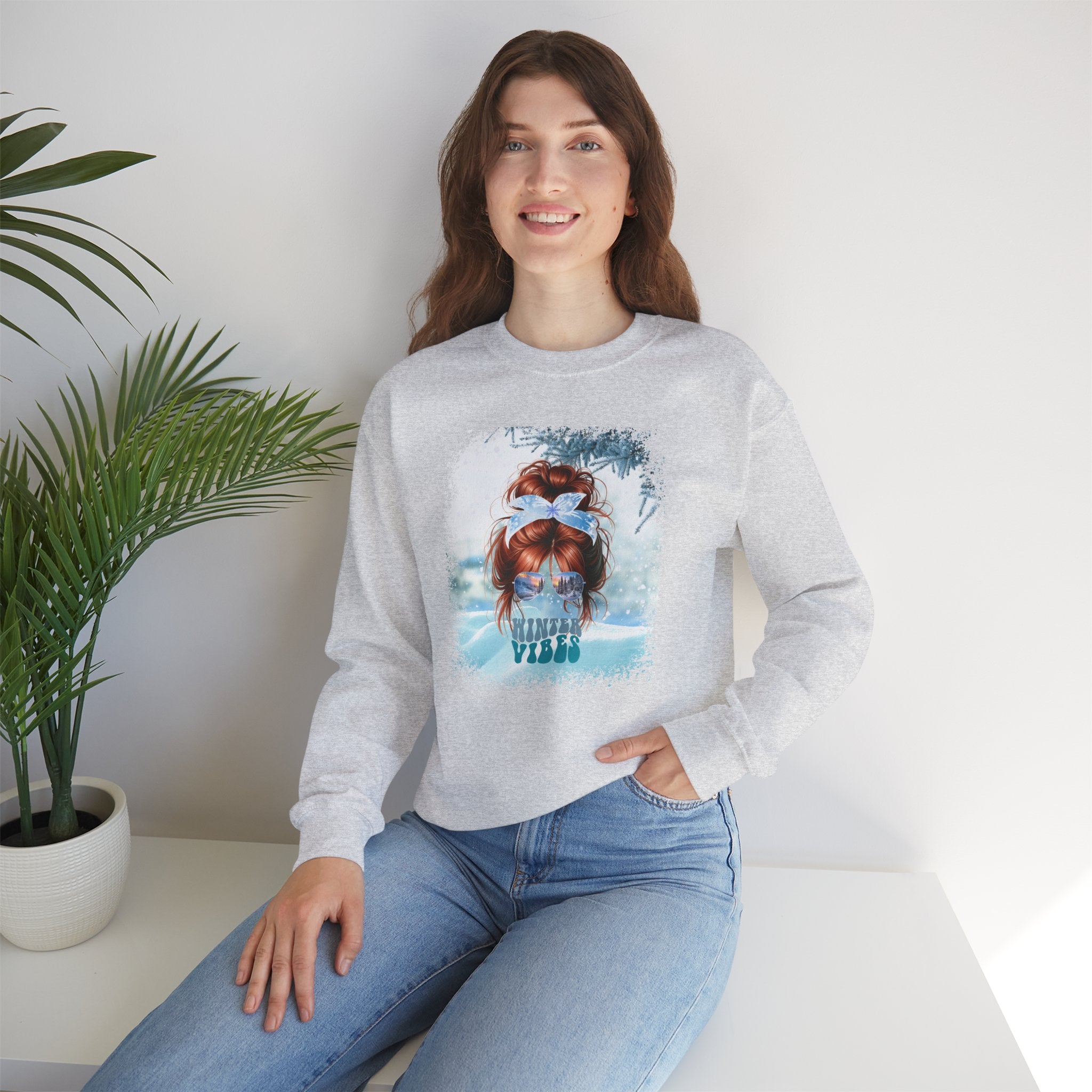 Winter Vibes Snow, Red Hair Messy Bun, Unisex Heavy Blend™ Crewneck Sweatshirt