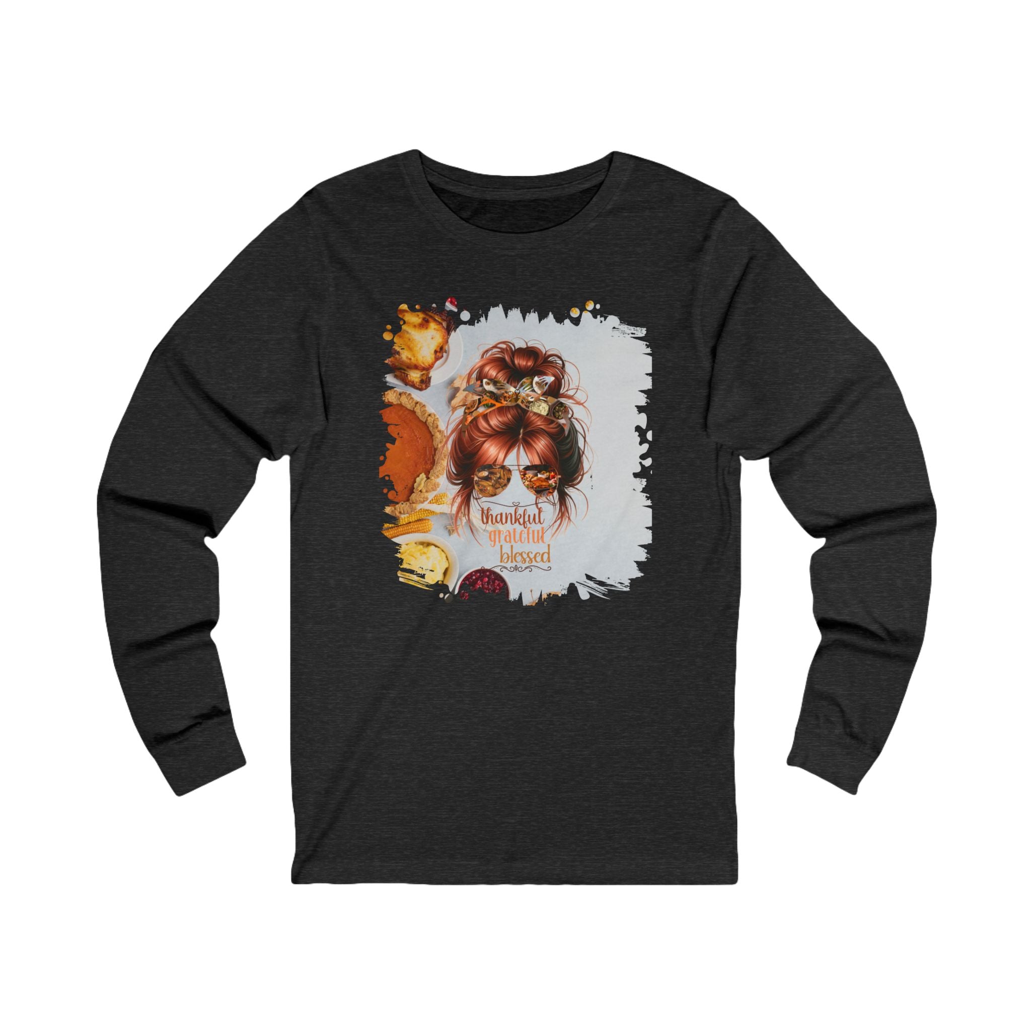 Thankful Grateful Blessed Thanksgiving Pie, Red Hair Messy Bun, Unisex Jersey Long Sleeve Tee