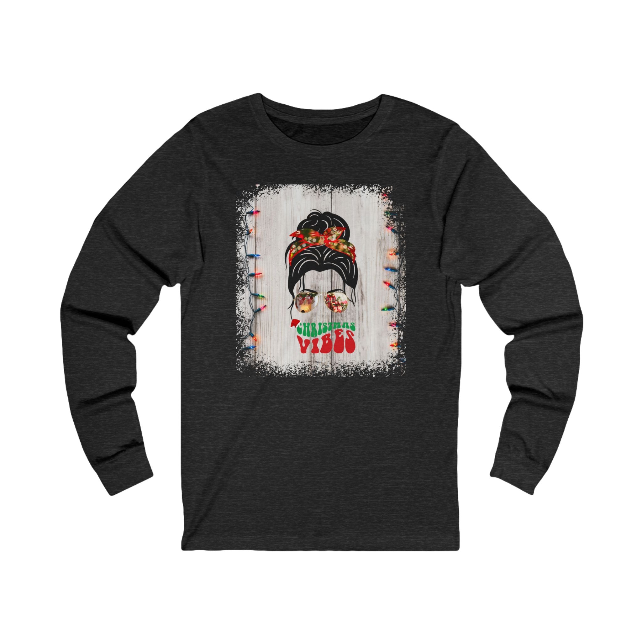 Christmas Vibes Christmas Lights String, Dark Hair Messy Bun, Unisex Jersey Long Sleeve Tee