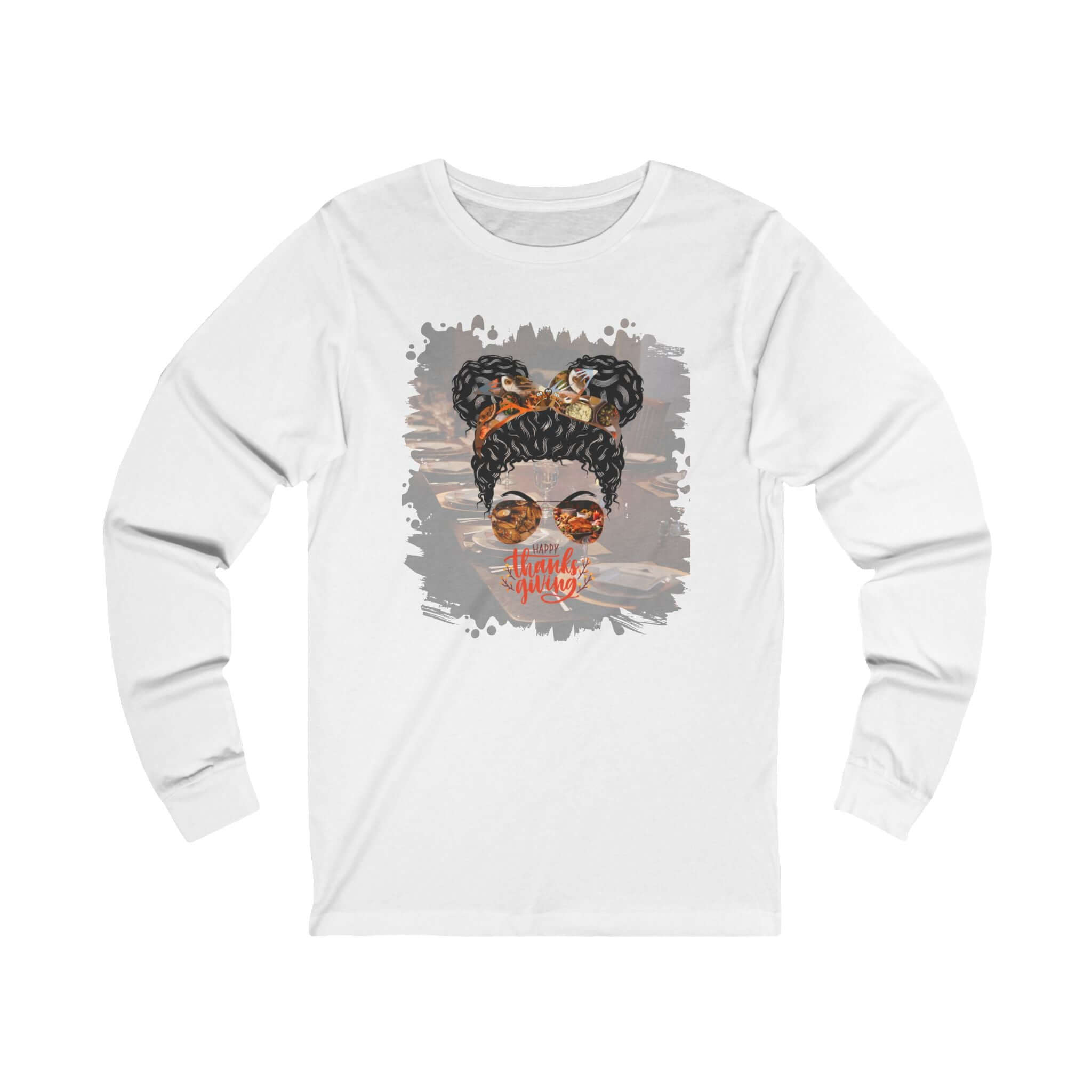 Happy Thanksgiving Table Setting, Black Hair Messy Bun, Unisex Jersey Long Sleeve Tee