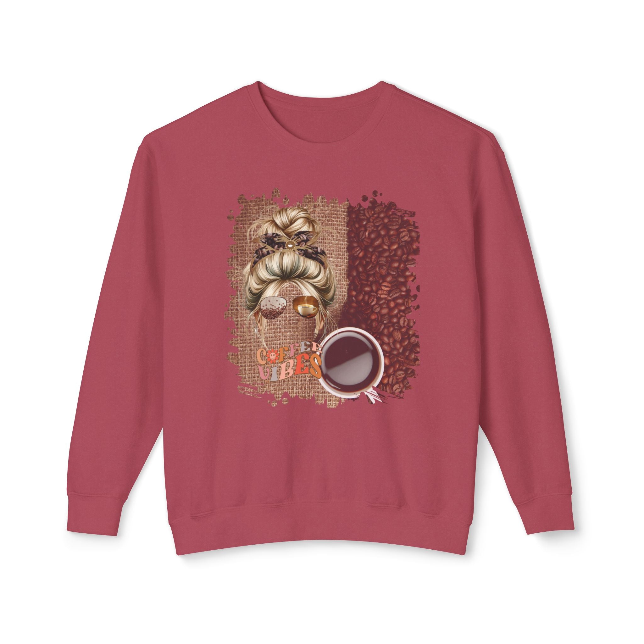 Coffee Vibes, Coffee Beans Bag, Blond Hair Messy Bun, Unisex Lightweight Crewneck Sweatshirt