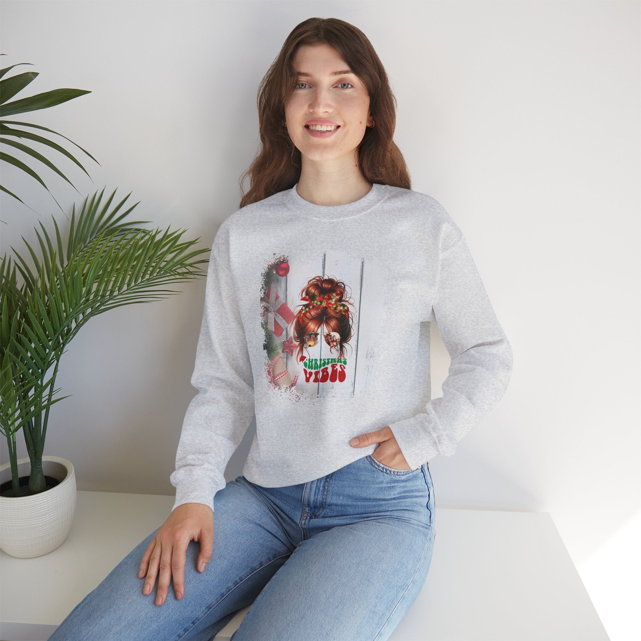 Christmas Vibes Christmas Presents, Red Hair Messy Bun, Unisex Heavy Blend™ Crewneck Sweatshirt