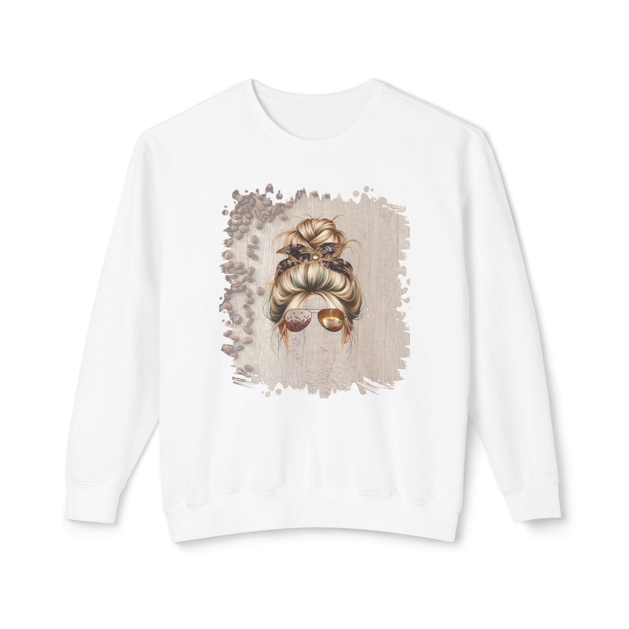 Coffee Beans Table, Blond Hair Messy Bun, Unisex Lightweight Crewneck Sweatshirt