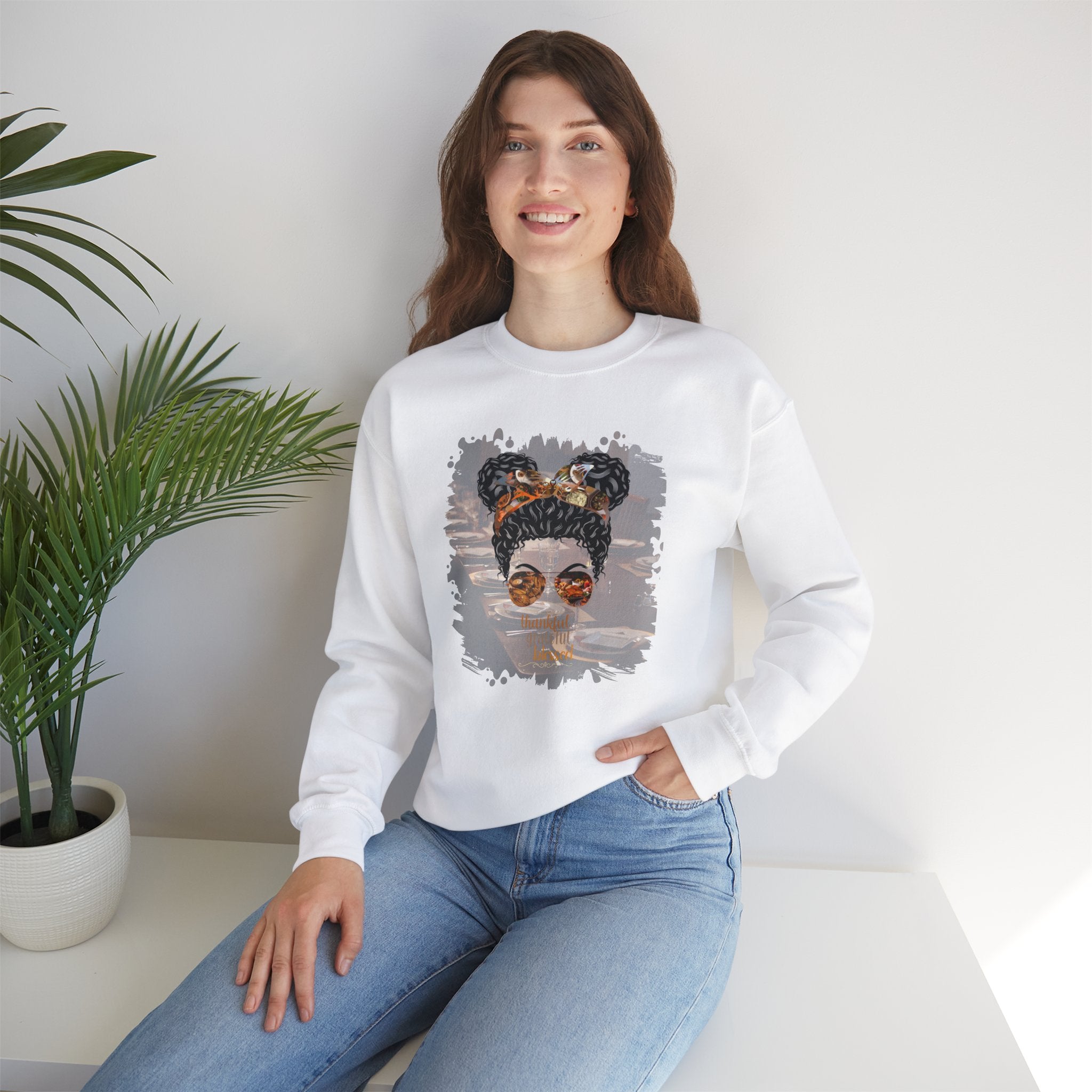 Thankful Grateful Blessed Table Setting, Black Hair Messy Bun, Unisex Heavy Blend™ Crewneck Sweatshirt