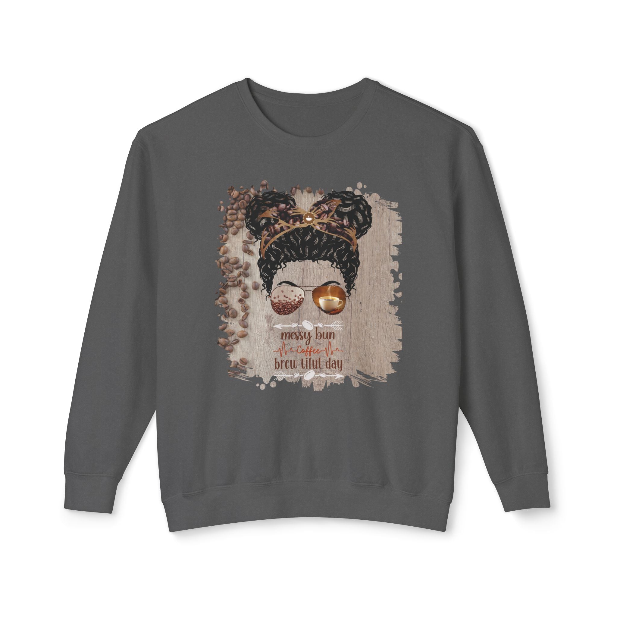 Coffee Heartbeat, Coffee Beans Table, Black Hair Messy Bun, Unisex Lightweight Crewneck Sweatshirt