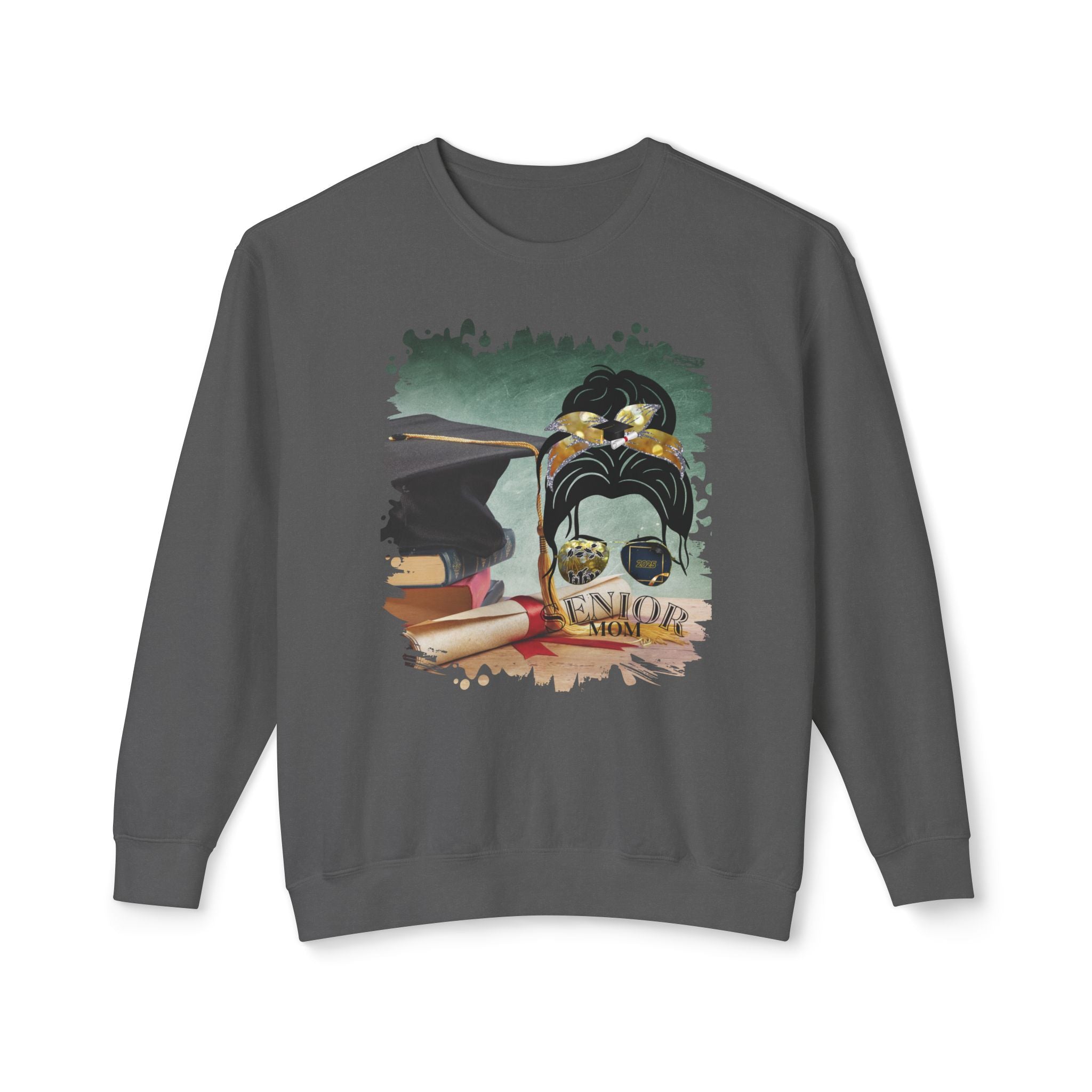 Senior Mom, Cap & Degree/Diploma, Dark Hair Messy Bun, Unisex Lightweight Crewneck Sweatshirt