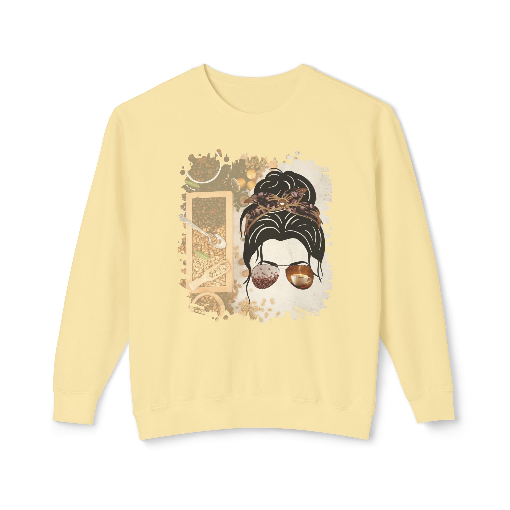 Coffee Beans Variety, Dark Hair Messy Bun, Unisex Lightweight Crewneck Sweatshirt