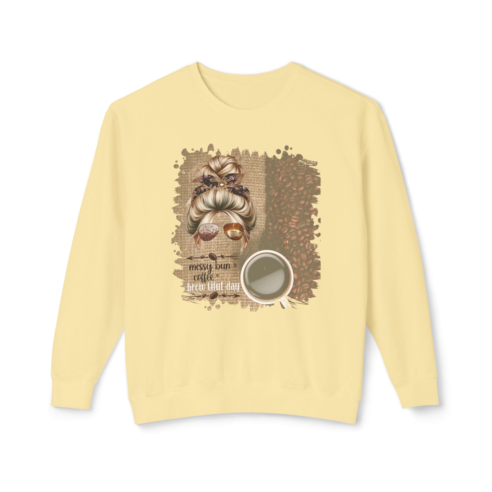 Messy Bun plus Coffee, Coffee Beans Bag, Blond Hair Messy Bun, Unisex Lightweight Crewneck Sweatshirt