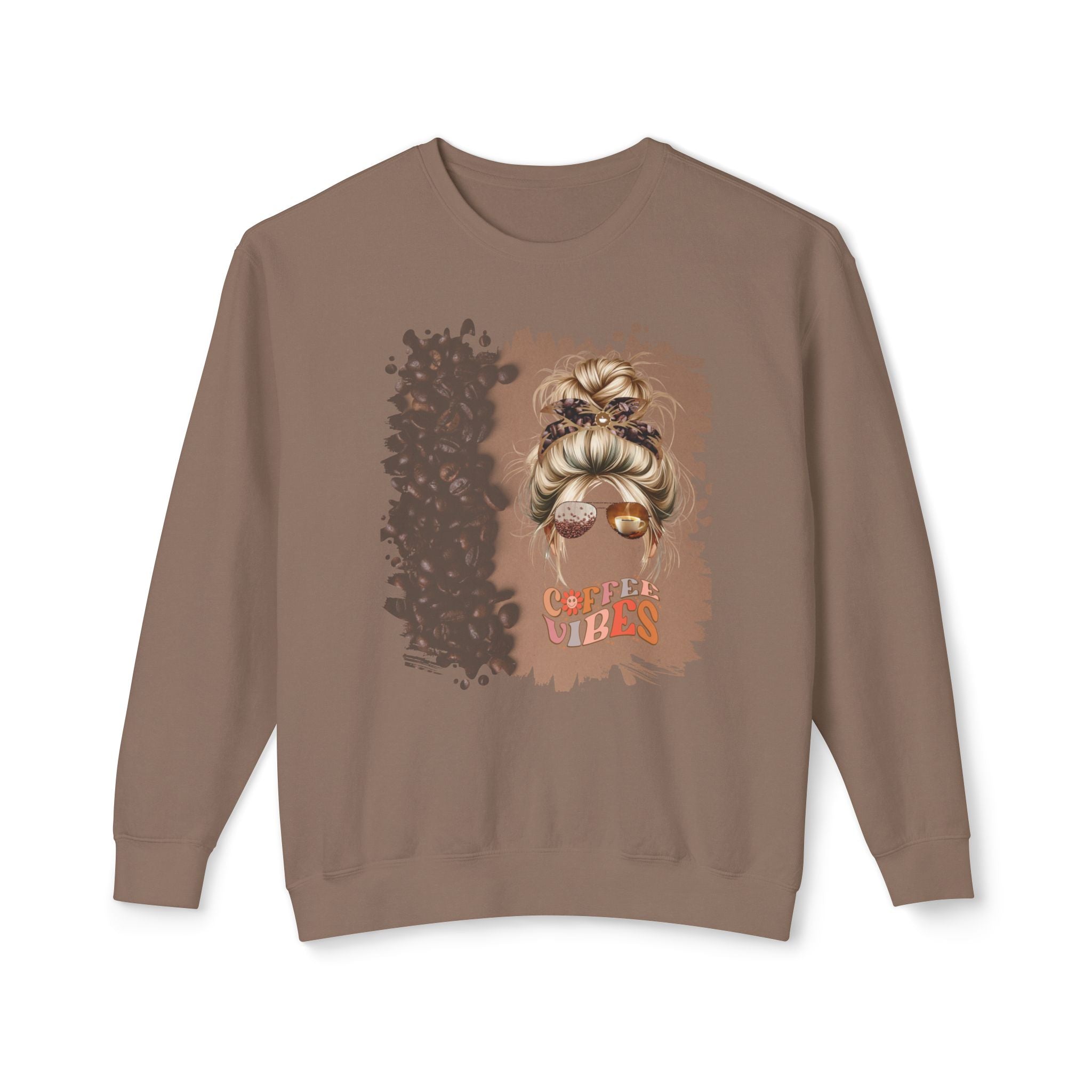 Coffee Vibes, Coffee Beans Shade, Blond Hair Messy Bun, Unisex Lightweight Crewneck Sweatshirt