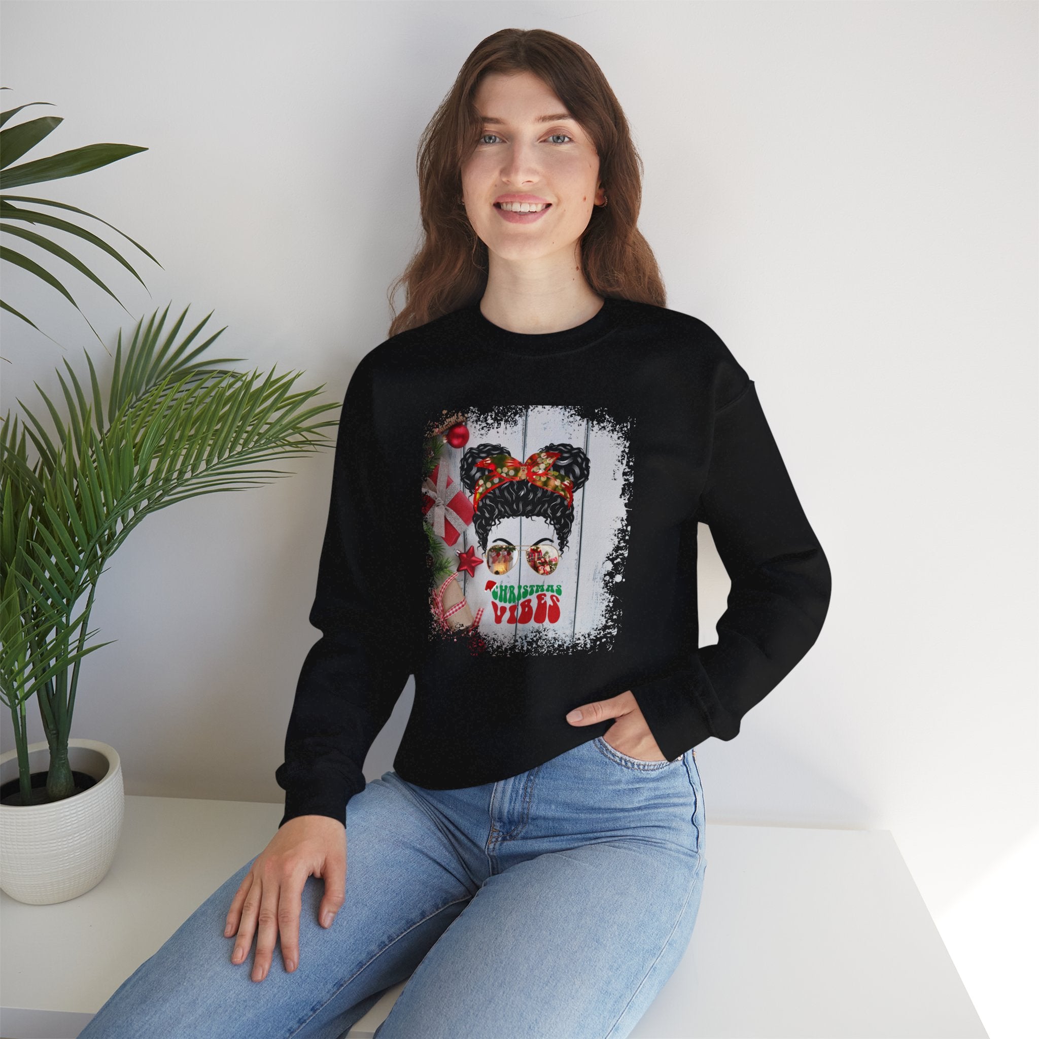 Christmas Vibes Christmas Presents, Black Hair Messy Bun, Unisex Heavy Blend™ Crewneck Sweatshirt