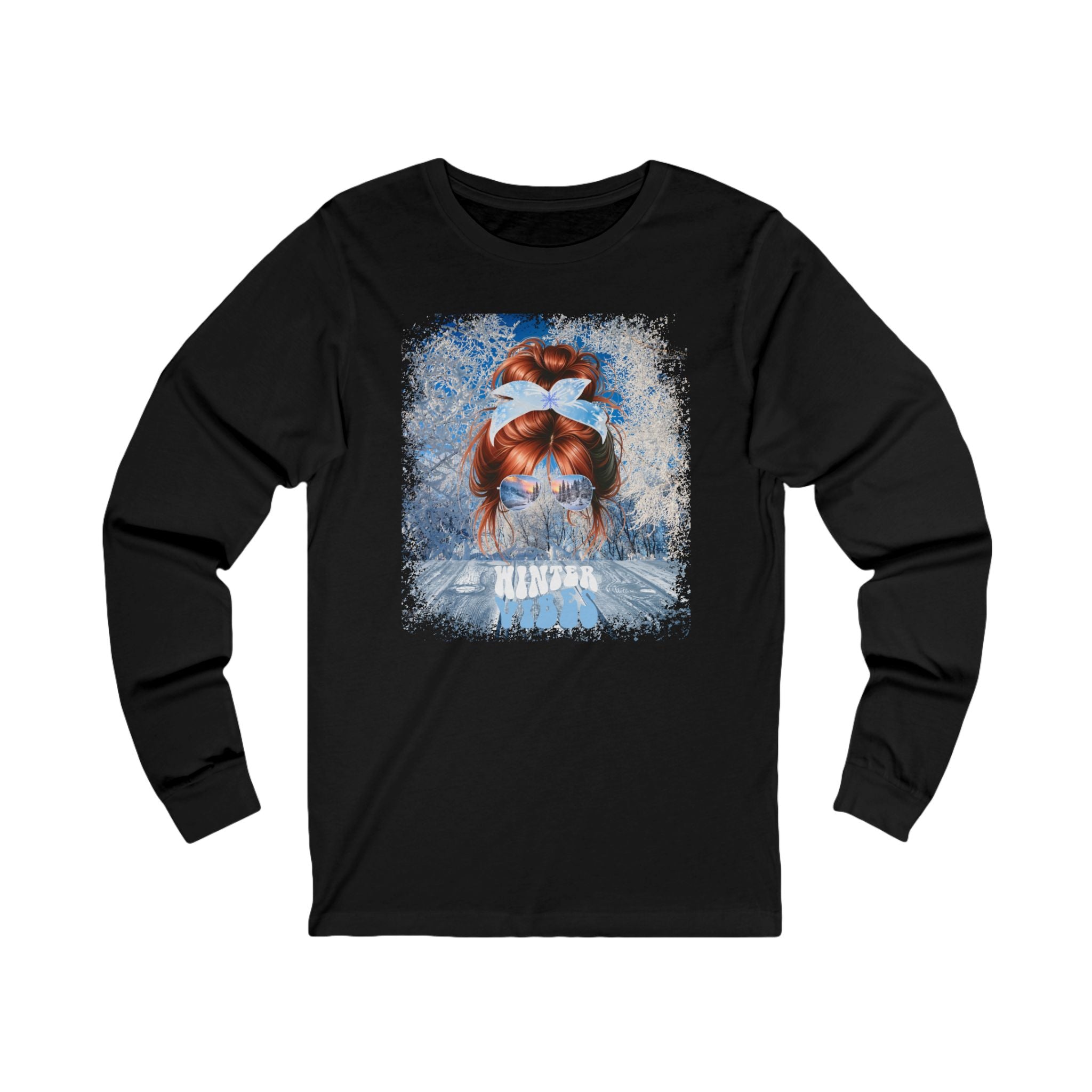 Winter Vibes Winter Sunny Porch, Red Hair Messy Bun, Unisex Jersey Long Sleeve Tee