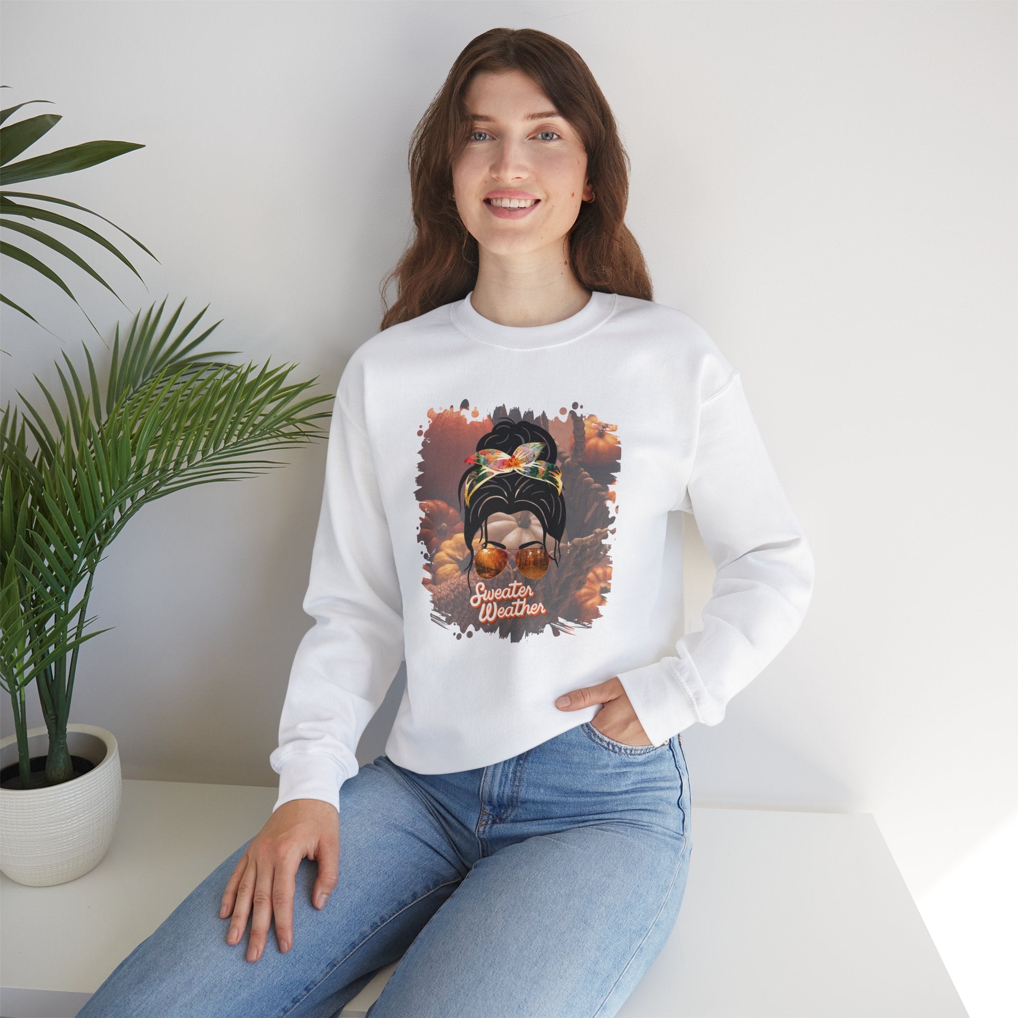 Sweater Weather Fall Pumpkins, Dark Hair Messy Bun, Unisex Heavy Blend™ Crewneck Sweatshirt