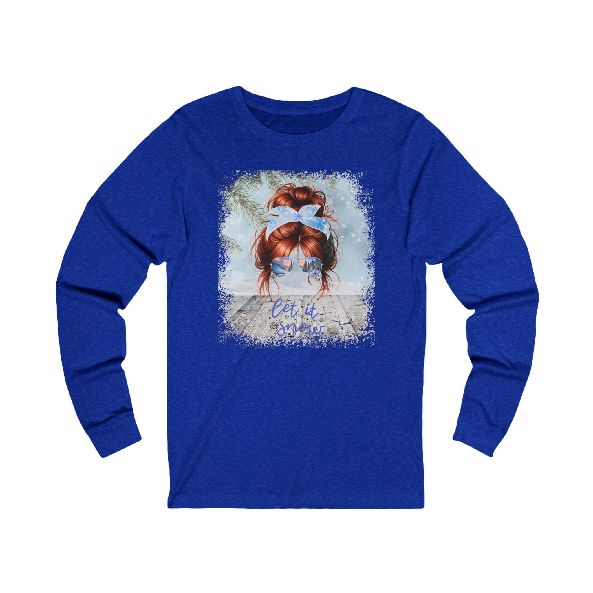 Let it Snow Winter Snowy Porch, Red Hair Messy Bun, Unisex Jersey Long Sleeve Tee