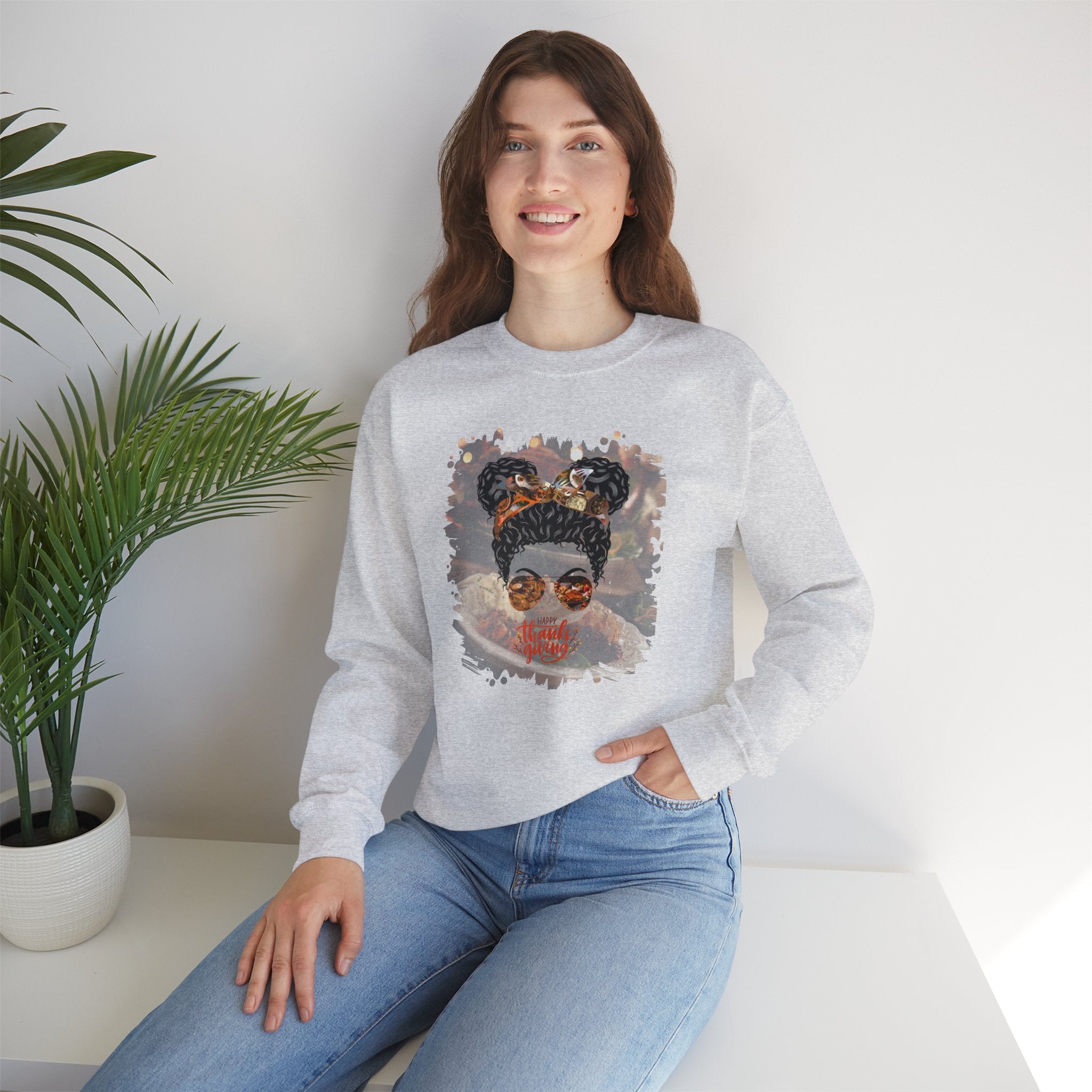 Happy Thanksgiving, Thanksgiving Dinner, Black Hair Messy Bun, Unisex Heavy Blend™ Crewneck Sweatshirt