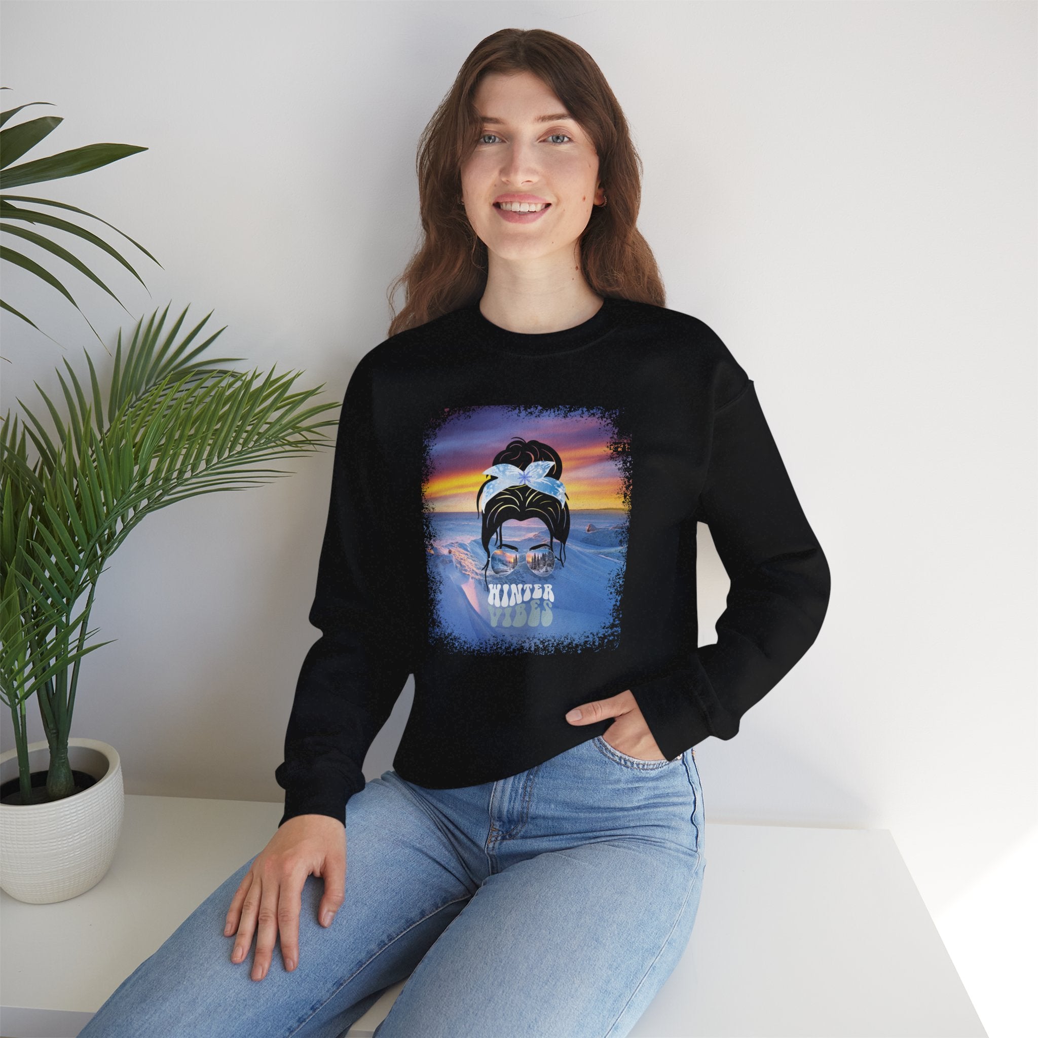 Winter Vibes Winter Mountain, Dark Hair Messy Bun, Unisex Heavy Blend™ Crewneck Sweatshirt