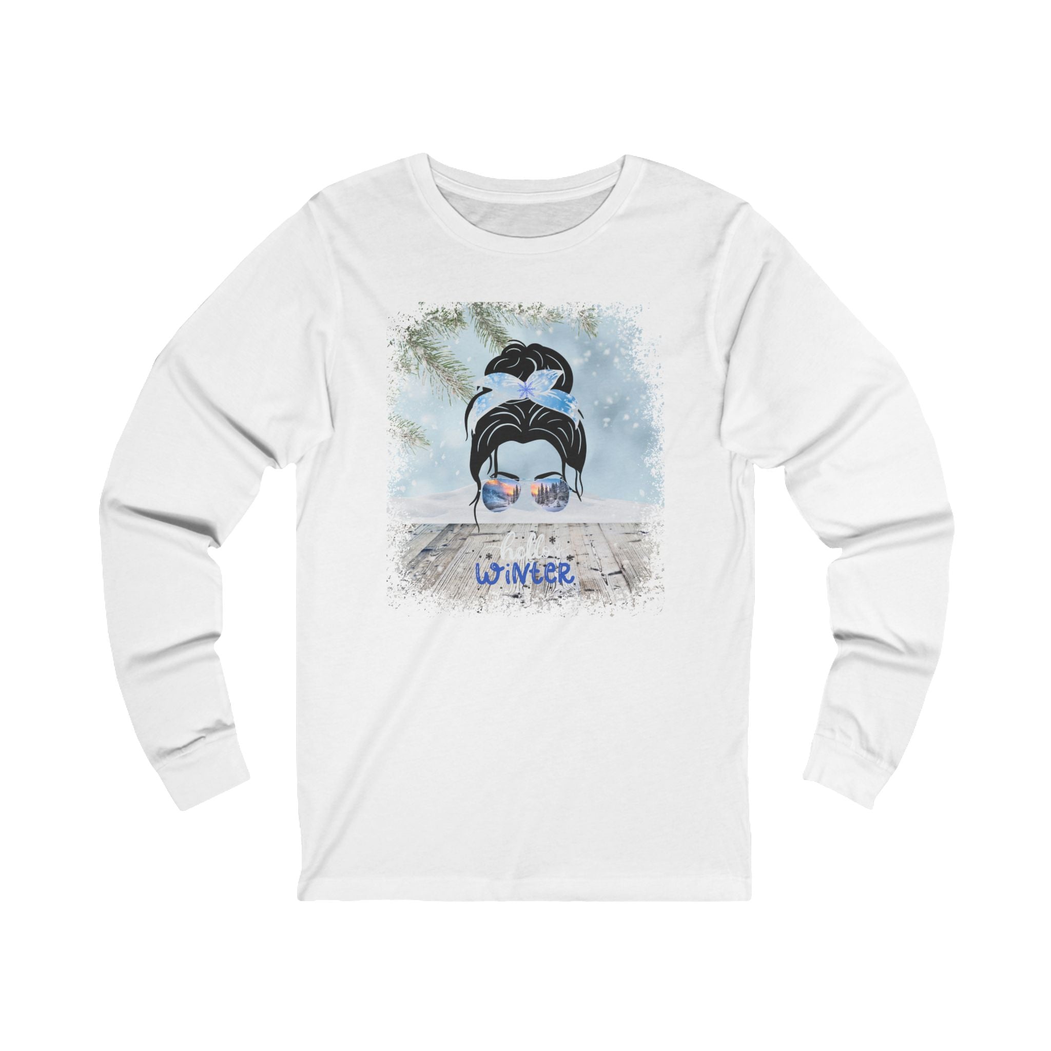 Hello Winter, Winter Snowy Porch, Dark Hair Messy Bun, Unisex Jersey Long Sleeve Tee