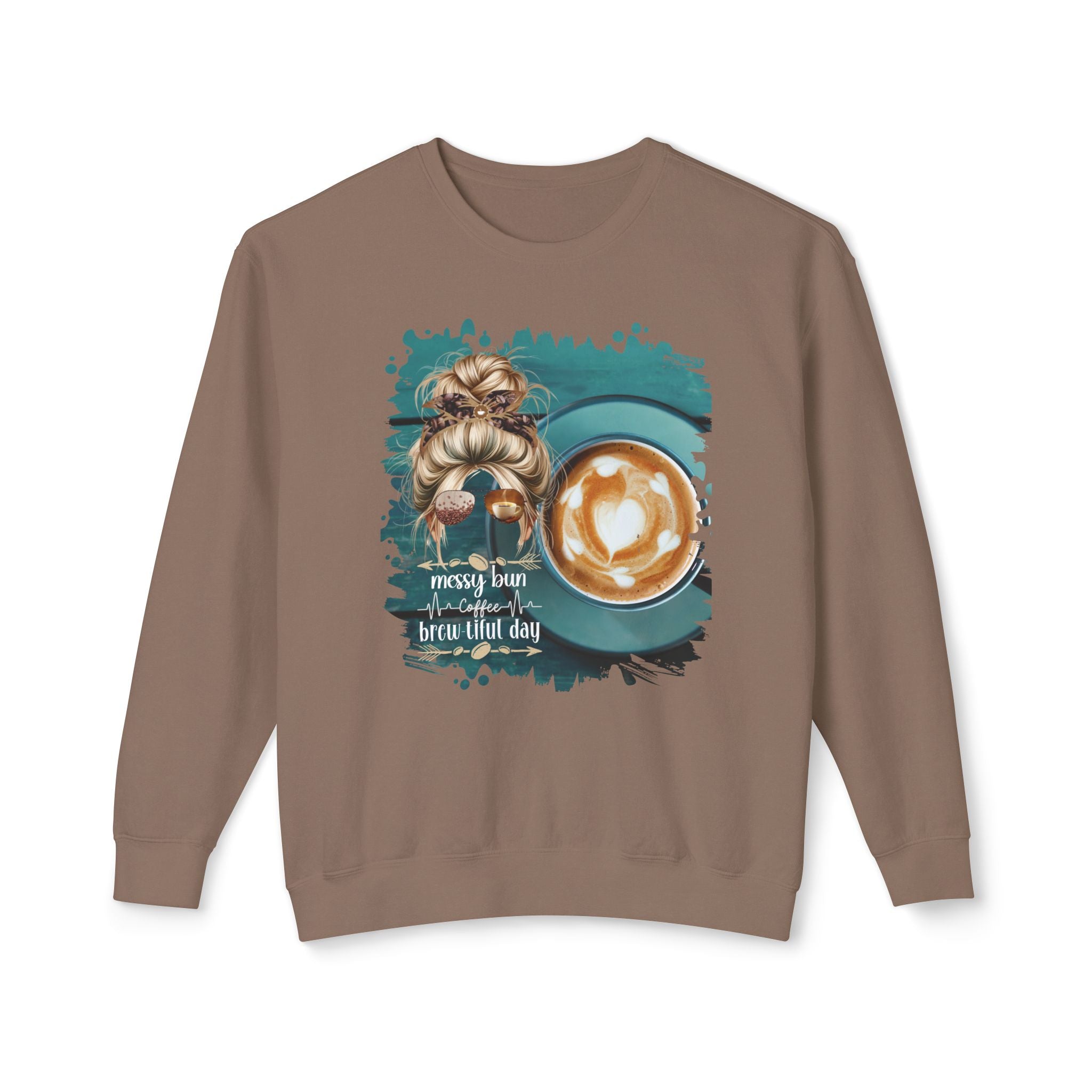 Coffee Heartbeat, Coffee Cup, Blond Hair Messy Bun, Unisex Lightweight Crewneck Sweatshirt