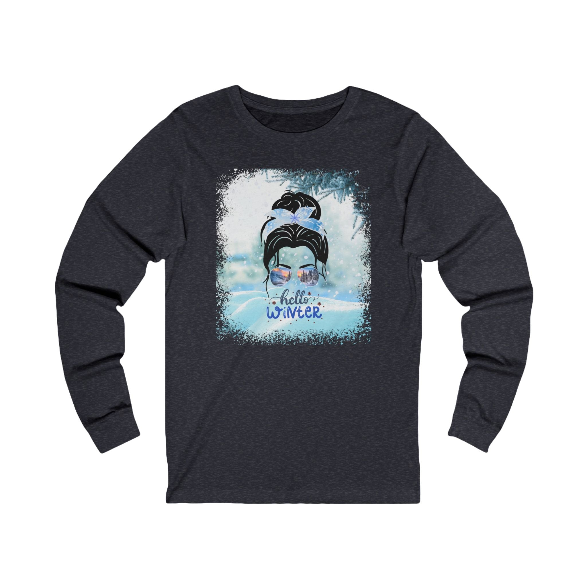 Hello Winter Snow, Dark Hair Messy Bun, Unisex Jersey Long Sleeve Tee