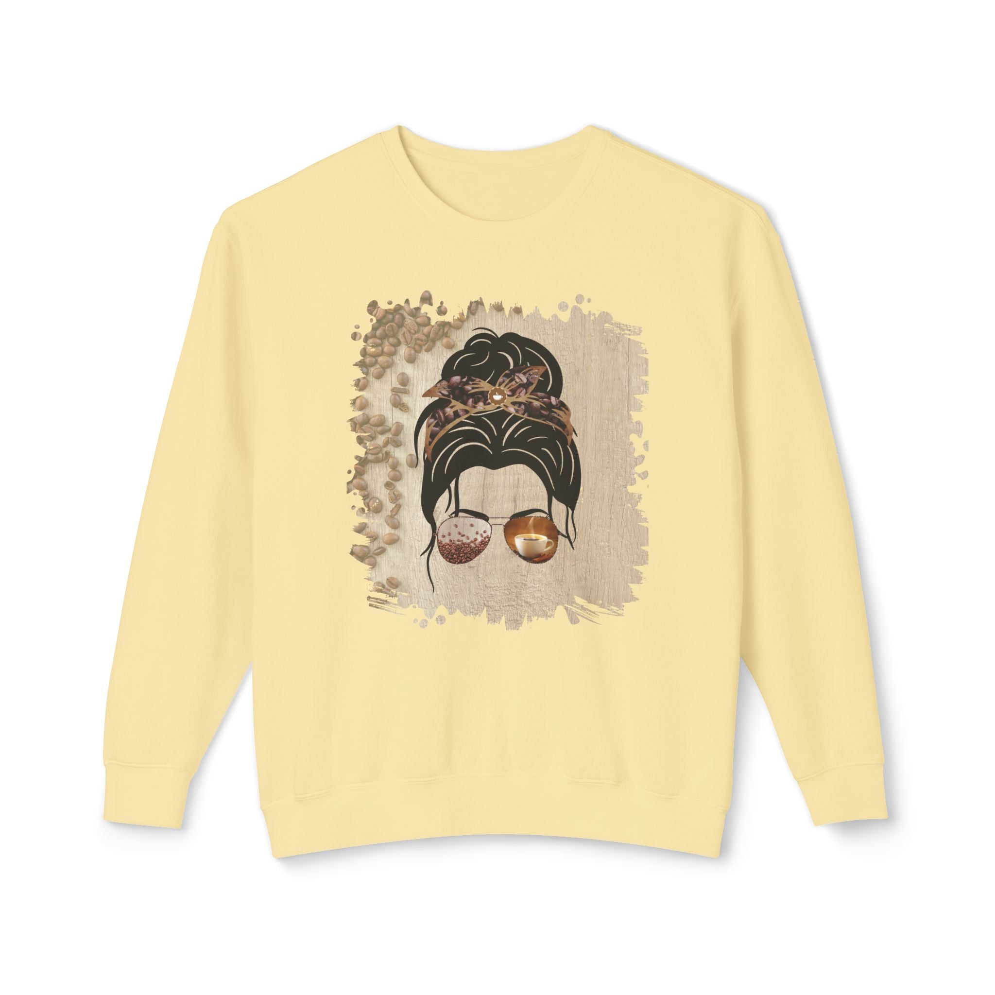 Coffee Beans Table, Dark Hair Messy Bun, Unisex Lightweight Crewneck Sweatshirt