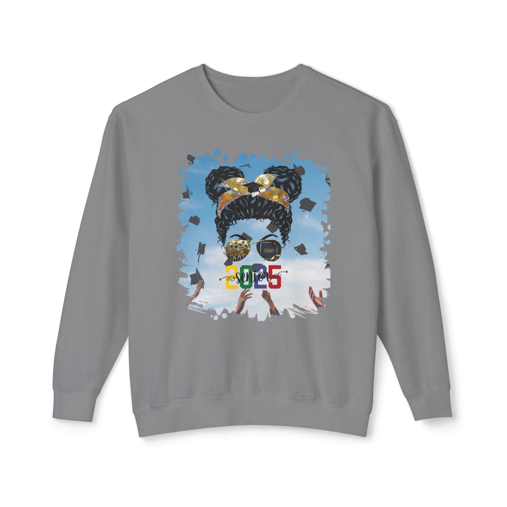 Senior 2025 Colorful, Celebration, Black Hair Messy Bun, Unisex Lightweight Crewneck Sweatshirt