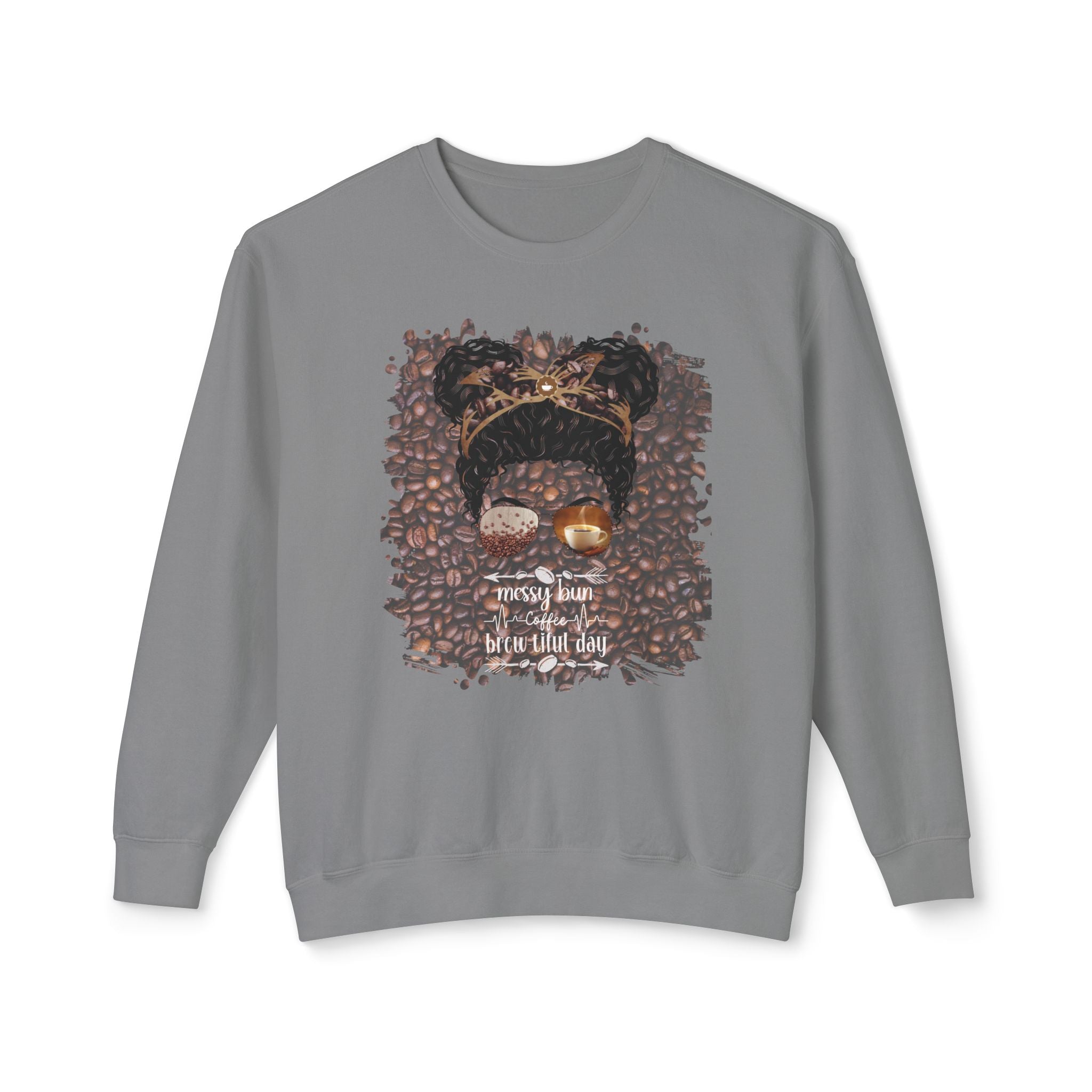 Coffee Heartbeat, Coffee Beans, Black Hair Messy Bun, Unisex Lightweight Crewneck Sweatshirt
