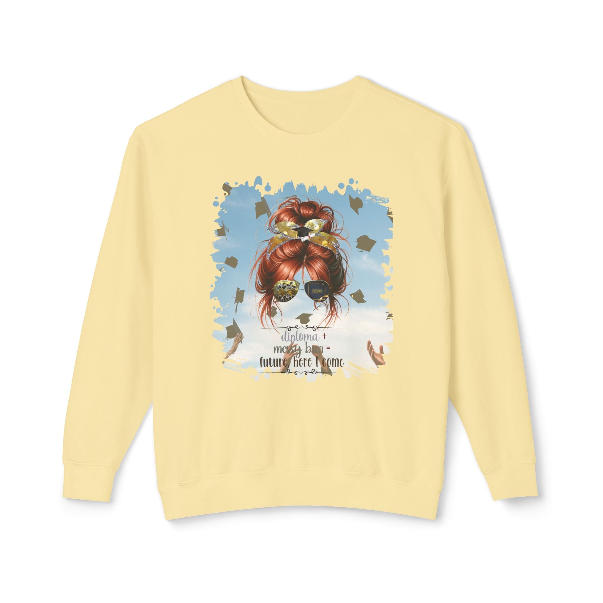 Diploma + Messy Bun, Celebration, Red Hair Messy Bun, Unisex Lightweight Crewneck Sweatshirt