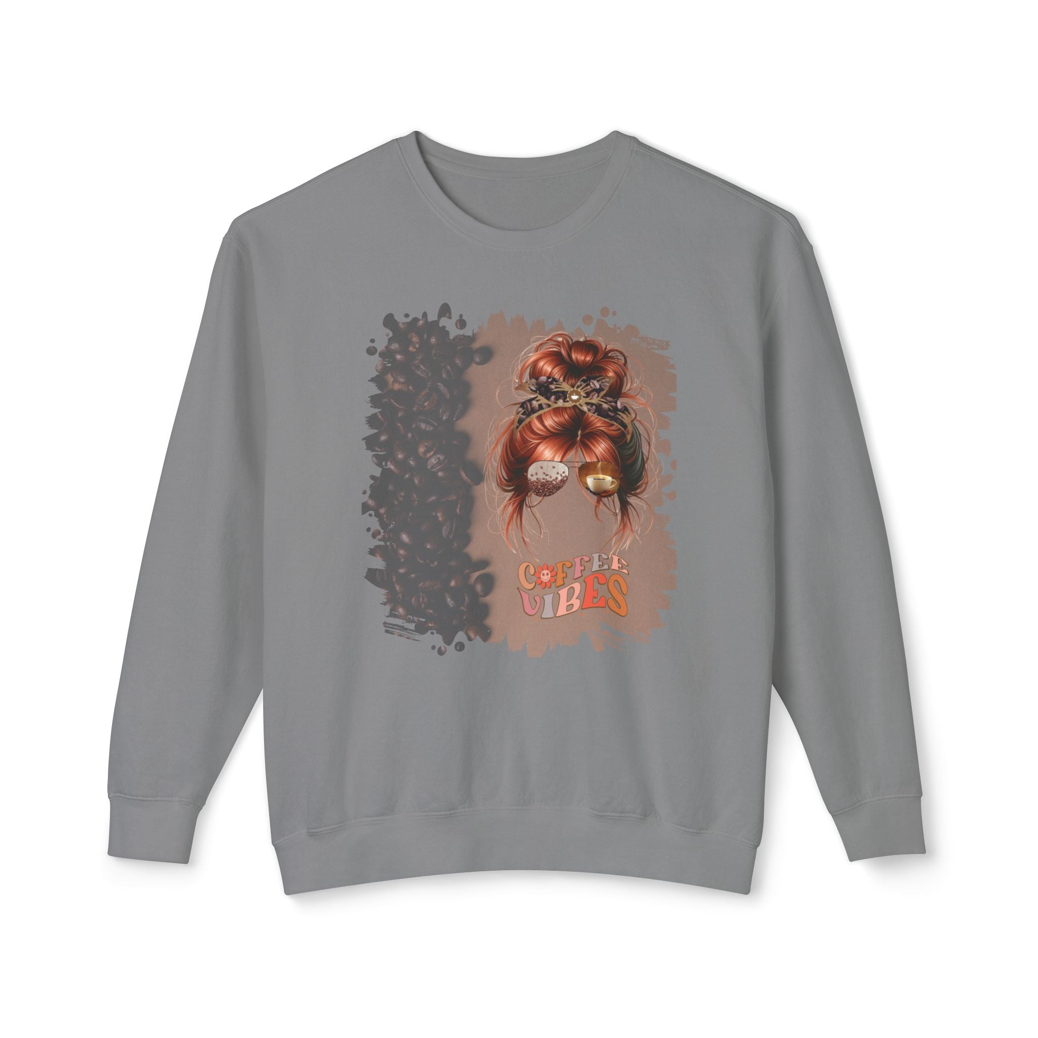 Coffee Vibes, Coffee Beans Shade, Red Hair Messy Bun, Unisex Lightweight Crewneck Sweatshirt