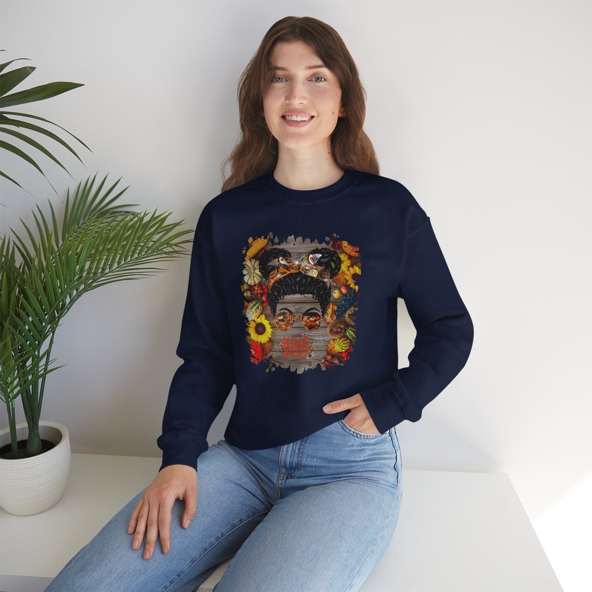 Happy Thanksgiving Decorated Background, Black Hair Messy Bun, Unisex Heavy Blend™ Crewneck Sweatshirt