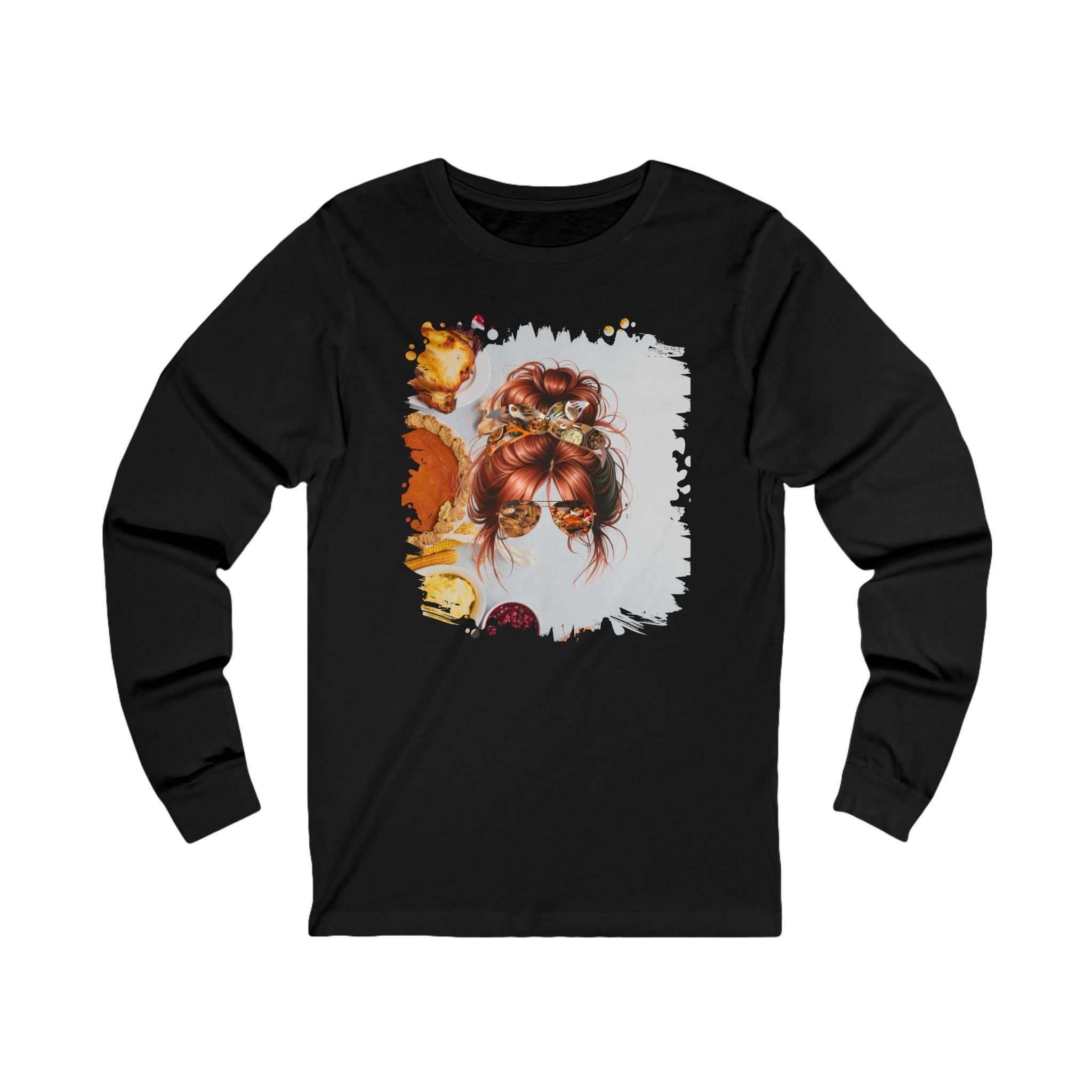 Thanksgiving Pie, Red Hair Messy Bun, Unisex Jersey Long Sleeve Tee