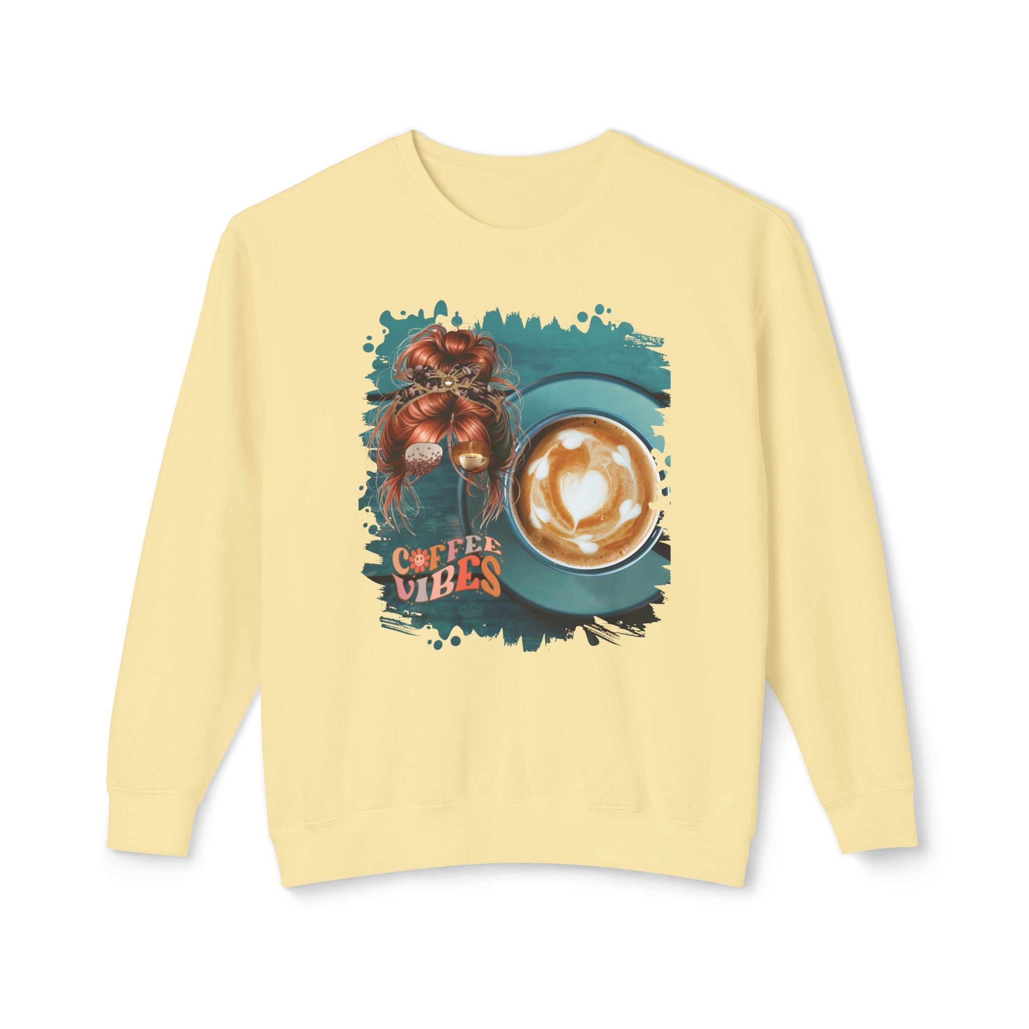 Coffee Vibes, Coffee Cup, Red Hair Messy Bun, Unisex Lightweight Crewneck Sweatshirt