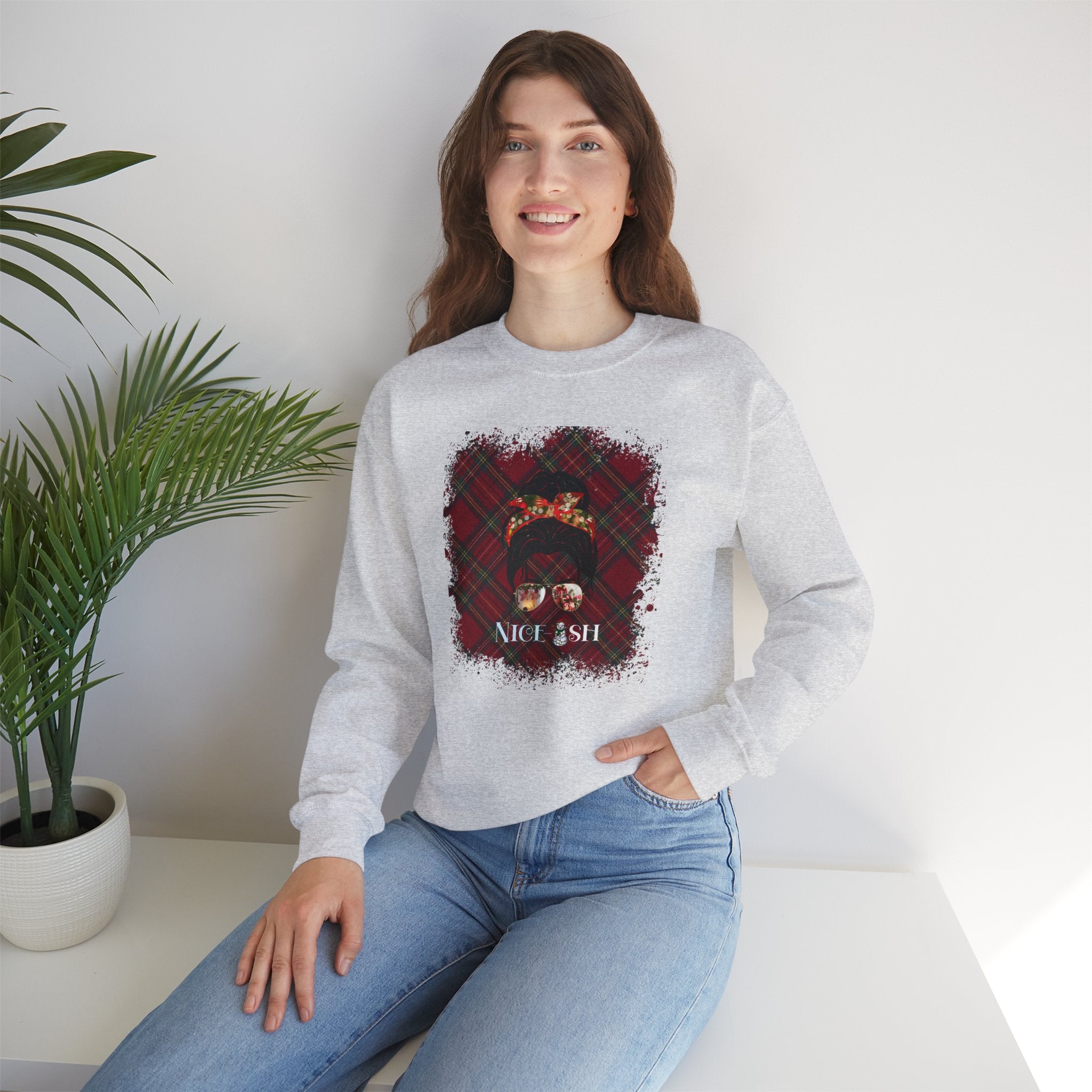 Nice-ish Christmas Plaid, Dark Hair Messy Bun, Unisex Heavy Blend™ Crewneck Sweatshirt