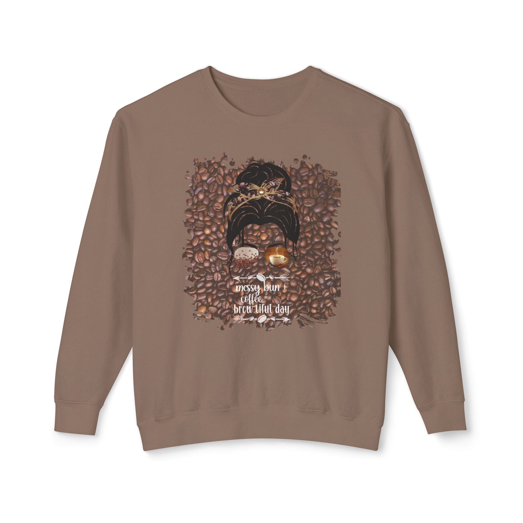 Messy Bun plus Coffee, Coffee Beans, Dark Hair Messy Bun, Unisex Lightweight Crewneck Sweatshirt