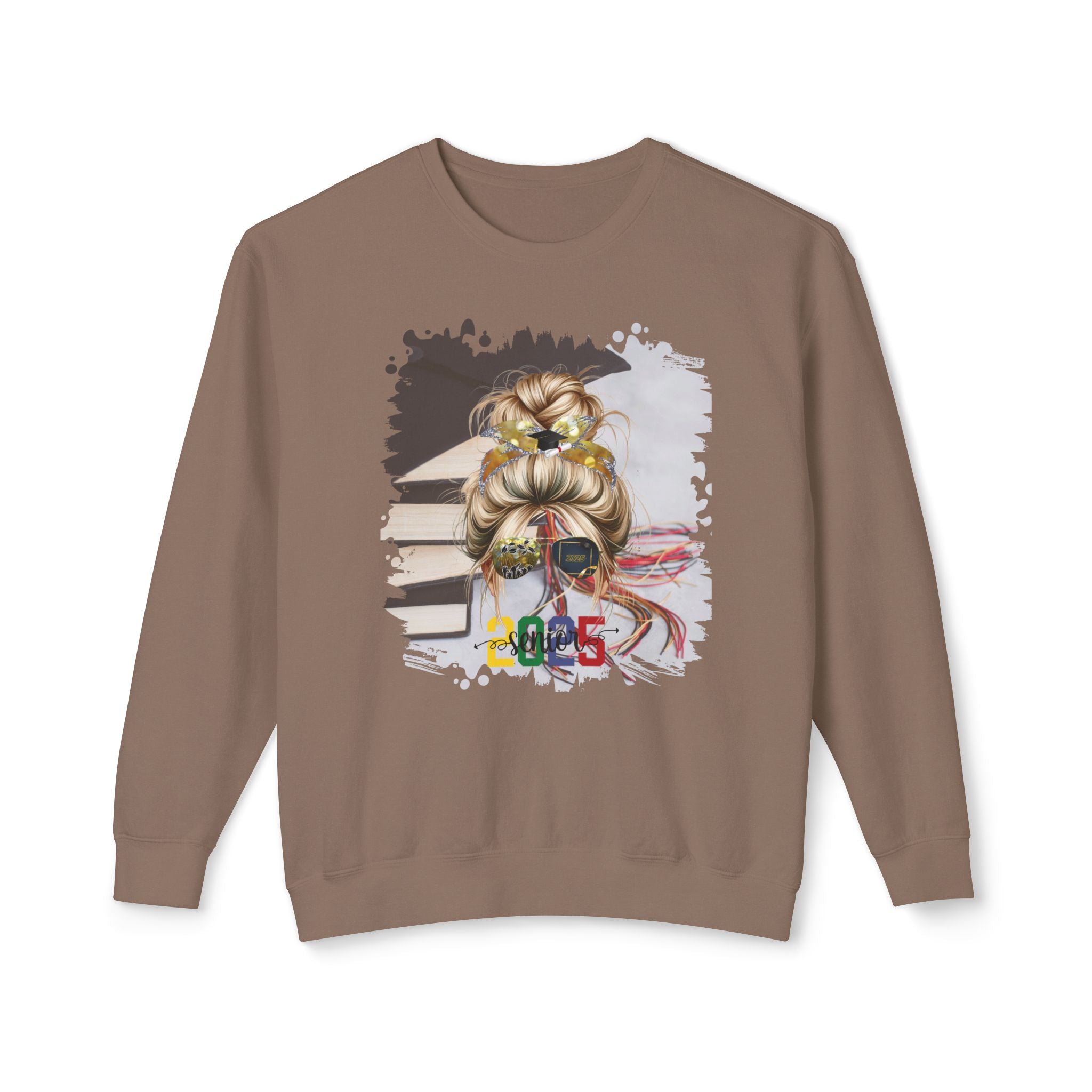 Senior 2025 Colorful, Cap & Books, Blond Hair Messy Bun, Unisex Lightweight Crewneck Sweatshirt
