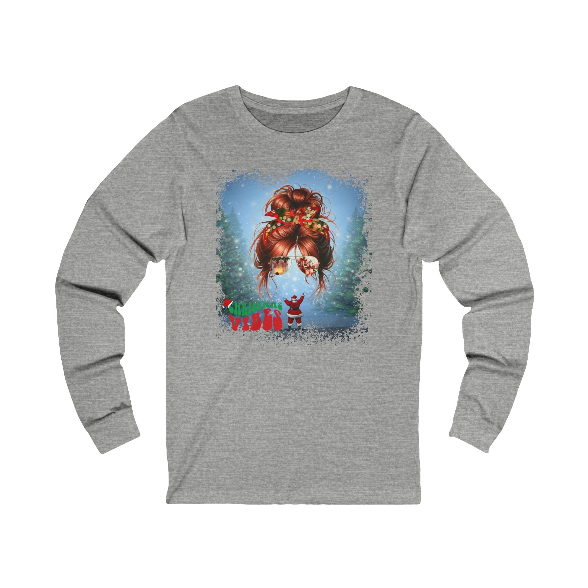 Christmas Vibes Santa, Red Hair Messy Bun, Unisex Jersey Long Sleeve Tee