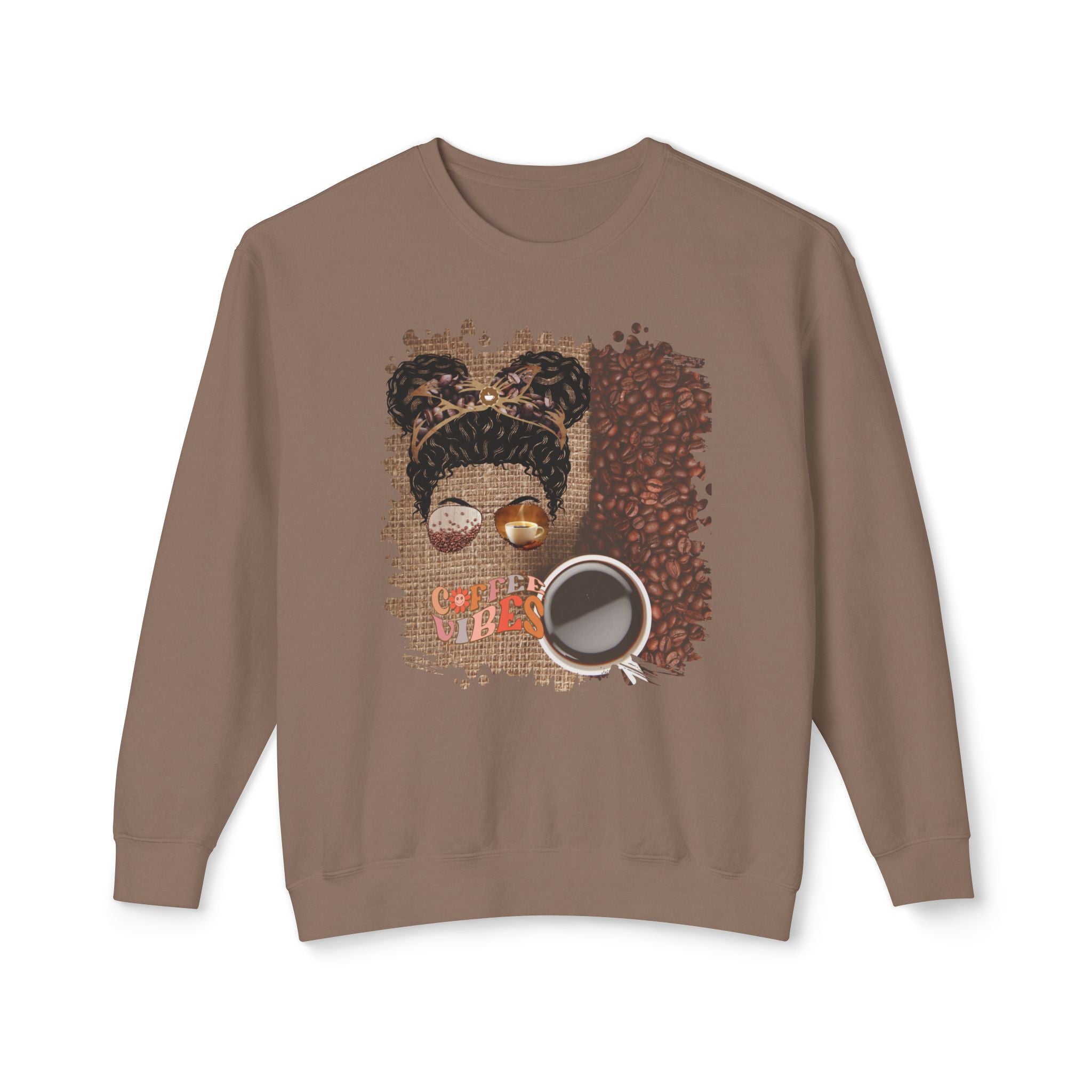Coffee Vibes, Coffee Beans Bag, Black Hair Messy Bun, Unisex Lightweight Crewneck Sweatshirt