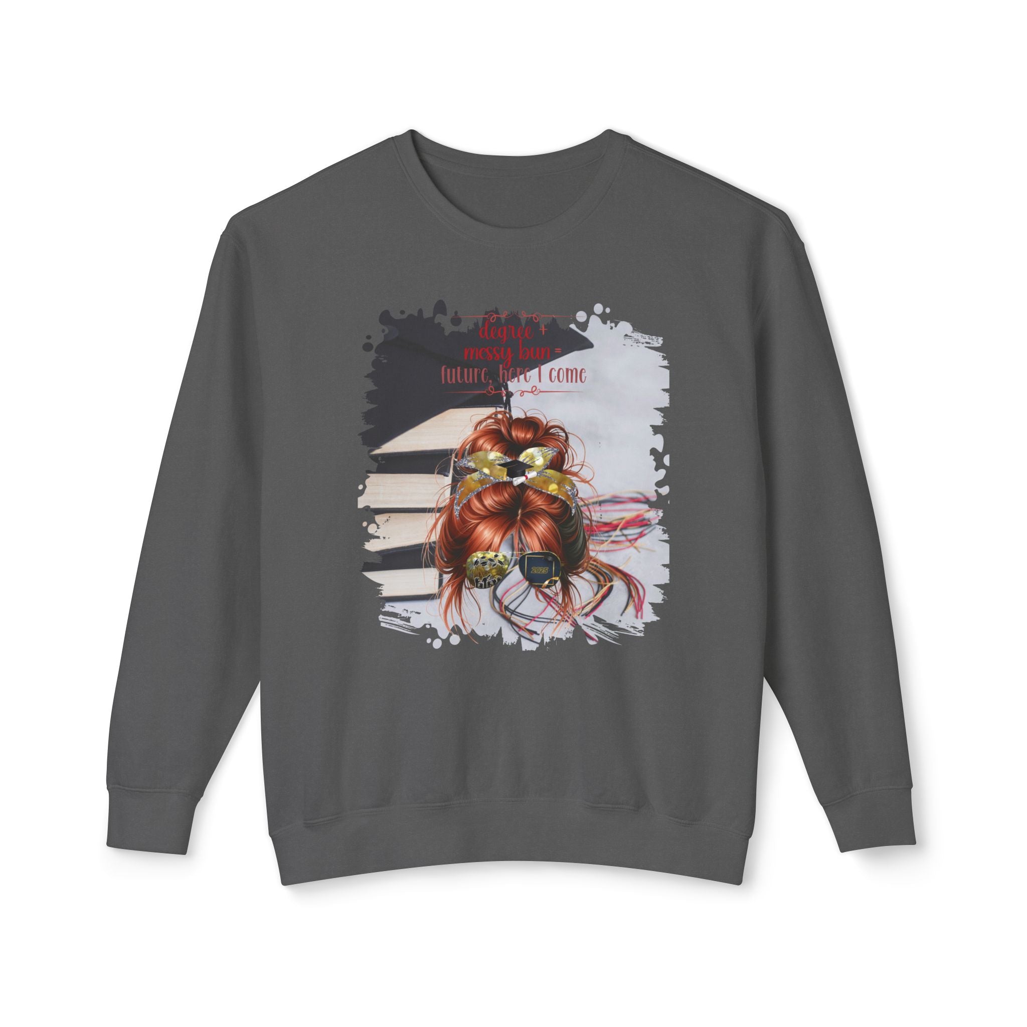 Degree + Messy Bun, Cap & Books, Red Hair Messy Bun, Unisex Lightweight Crewneck Sweatshirt
