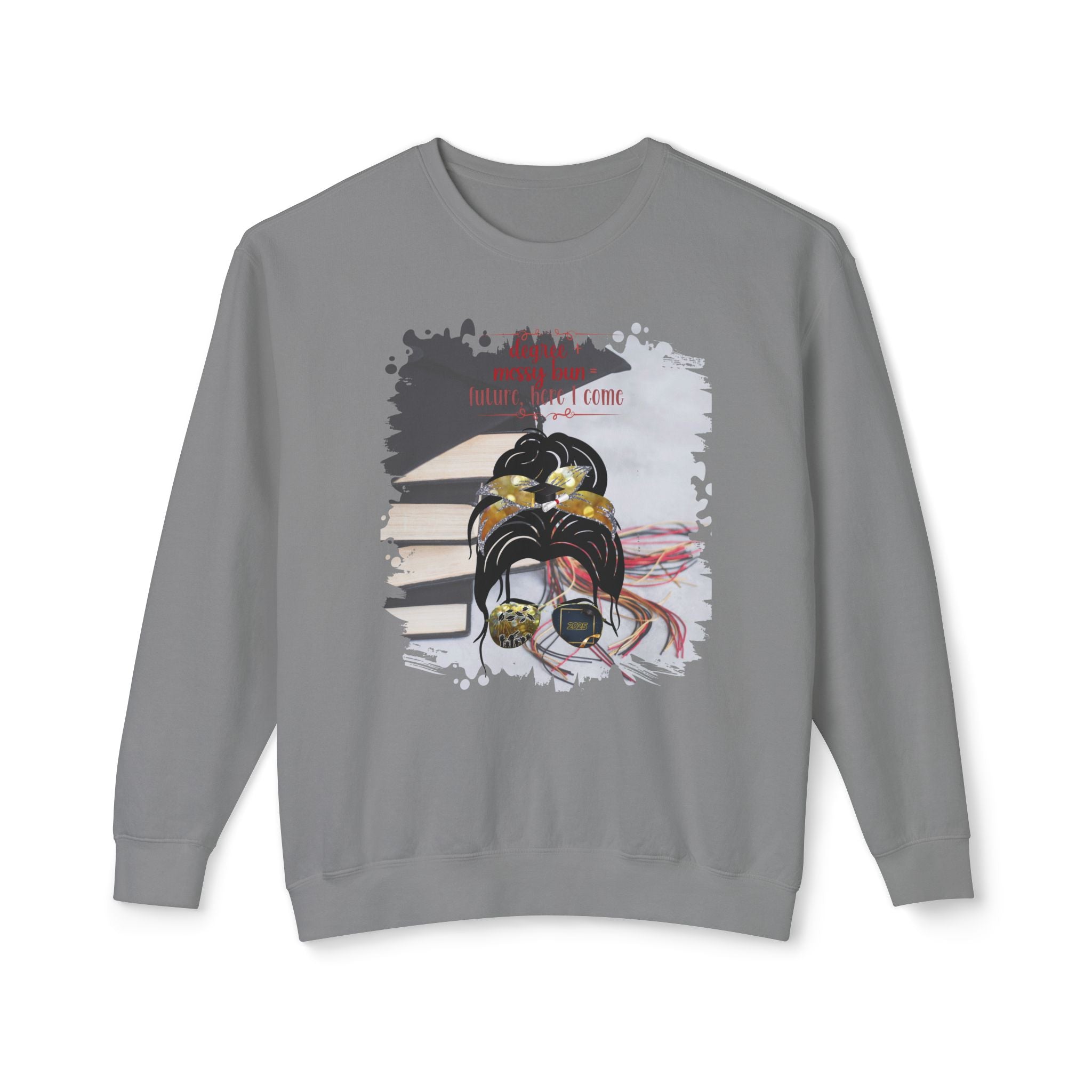 Degree + Messy Bun, Cap & Books, Dark Hair Messy Bun, Unisex Lightweight Crewneck Sweatshirt