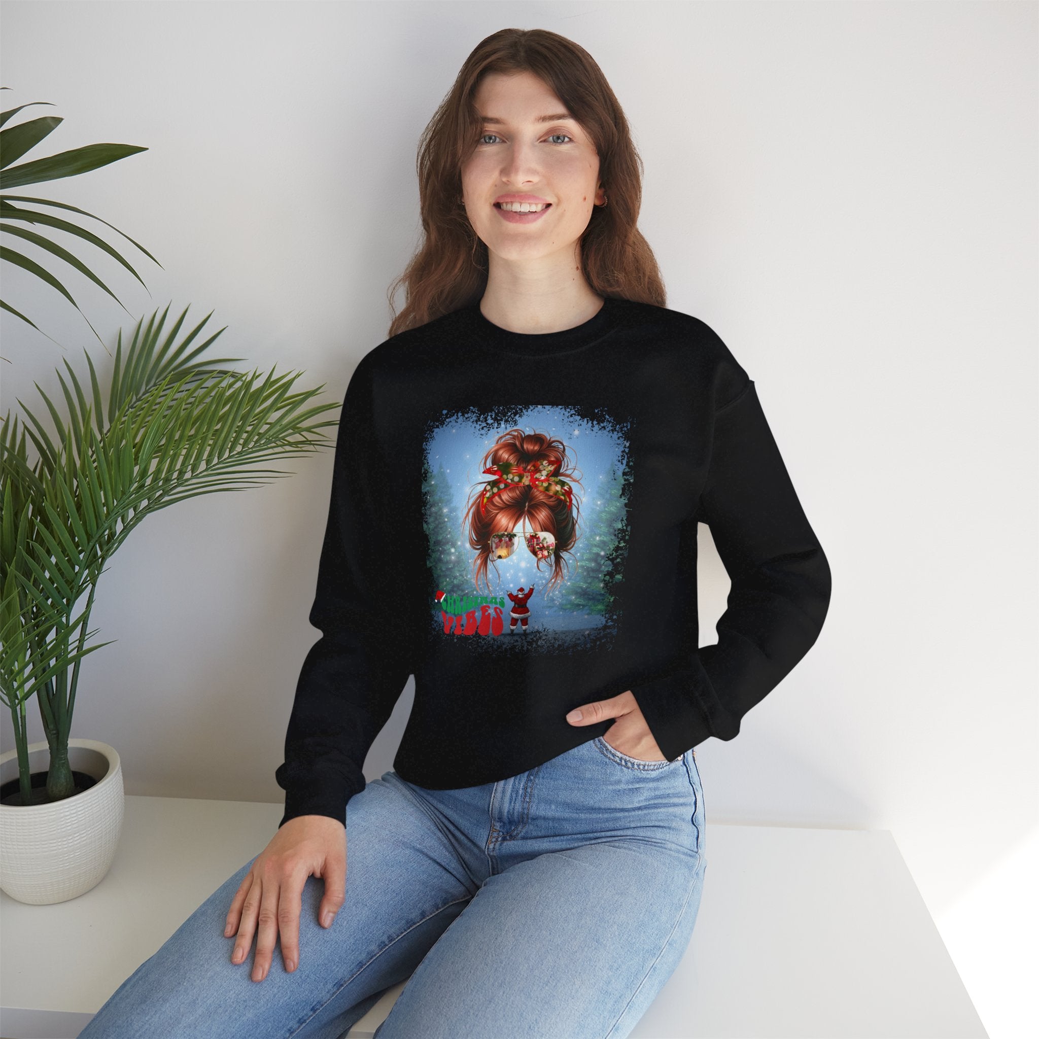 Christmas Vibes Santa, Red Hair Messy Bun, Unisex Heavy Blend™ Crewneck Sweatshirt