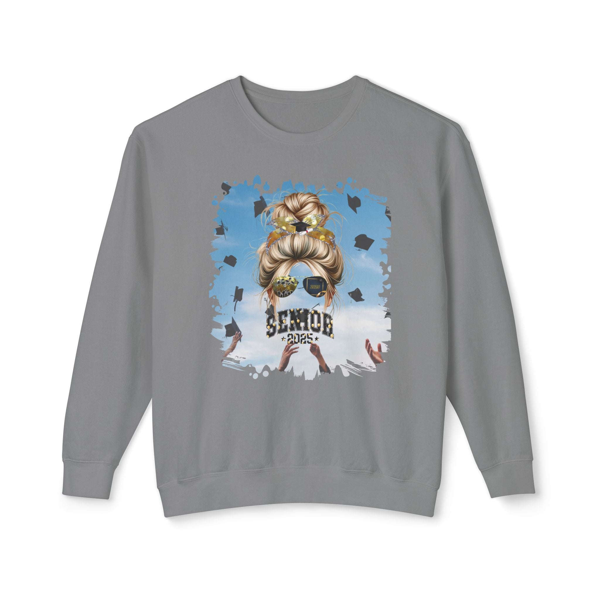 Senior 2025 Balloons, Celebration, Blond Hair Messy Bun, Unisex Lightweight Crewneck Sweatshirt