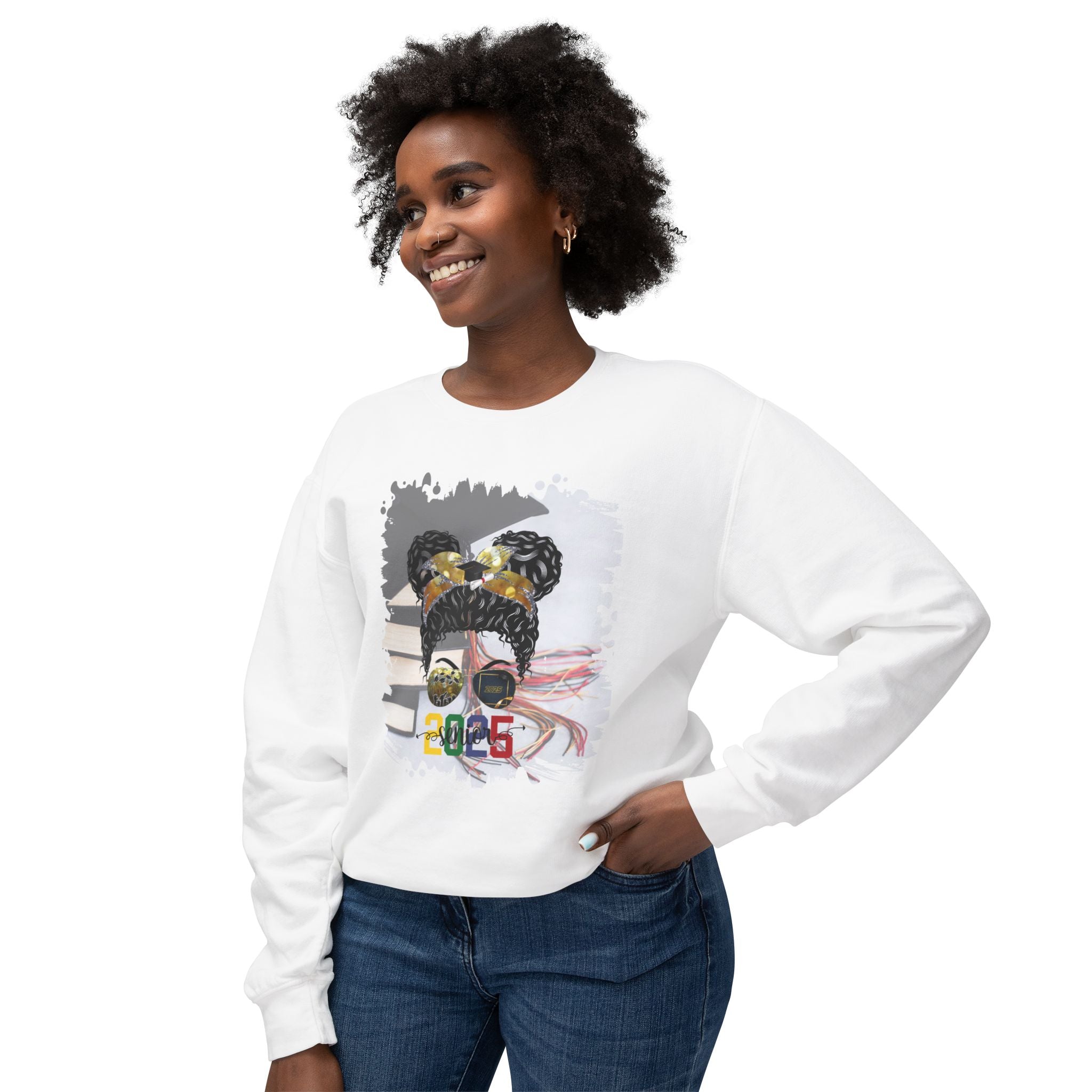 Senior 2025 Colorful, Cap & Books, Black Hair Messy Bun, Unisex Lightweight Crewneck Sweatshirt