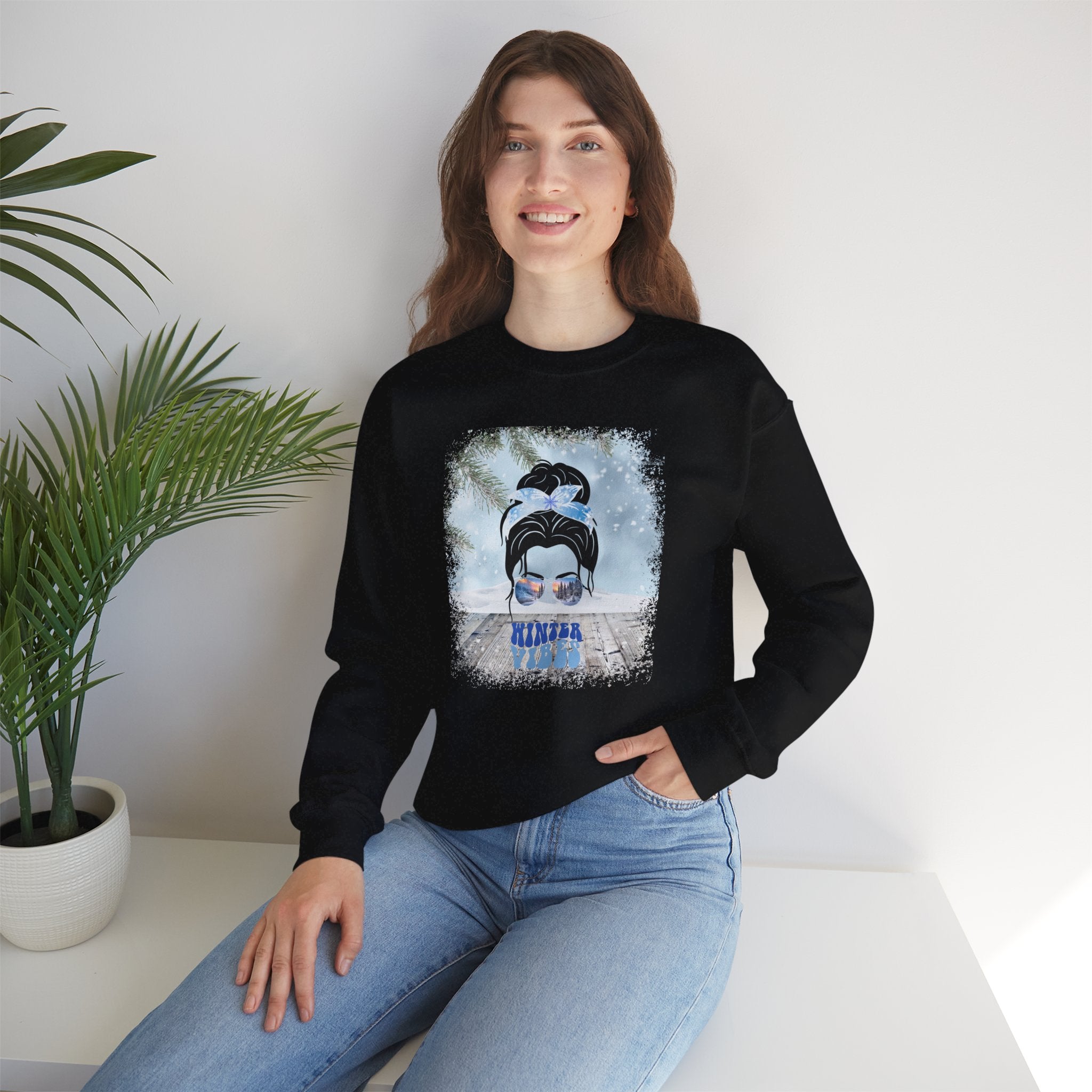 Winter Vibes Snowy Porch, Dark Hair Messy Bun, Unisex Heavy Blend™ Crewneck Sweatshirt