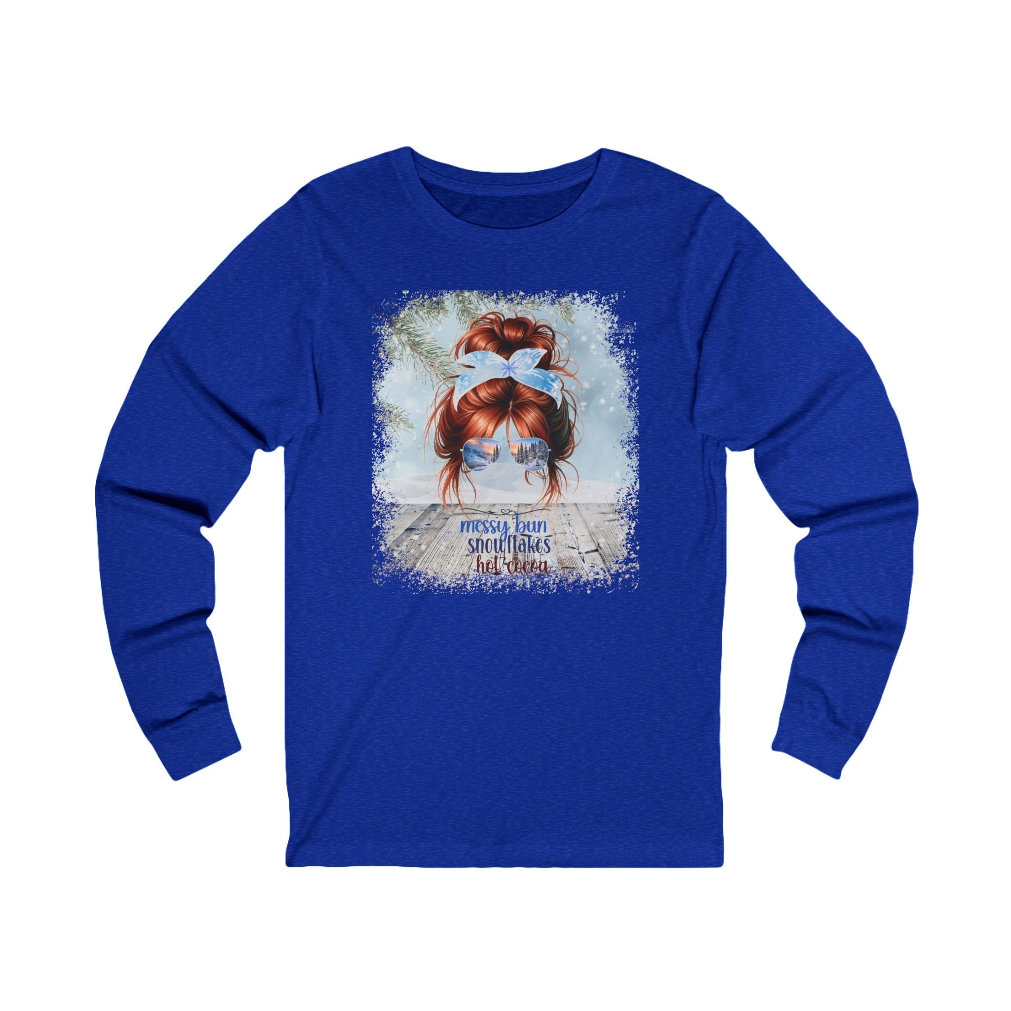 Messy Bun Winter Snowy Porch, Red Hair Messy Bun, Unisex Jersey Long Sleeve Tee