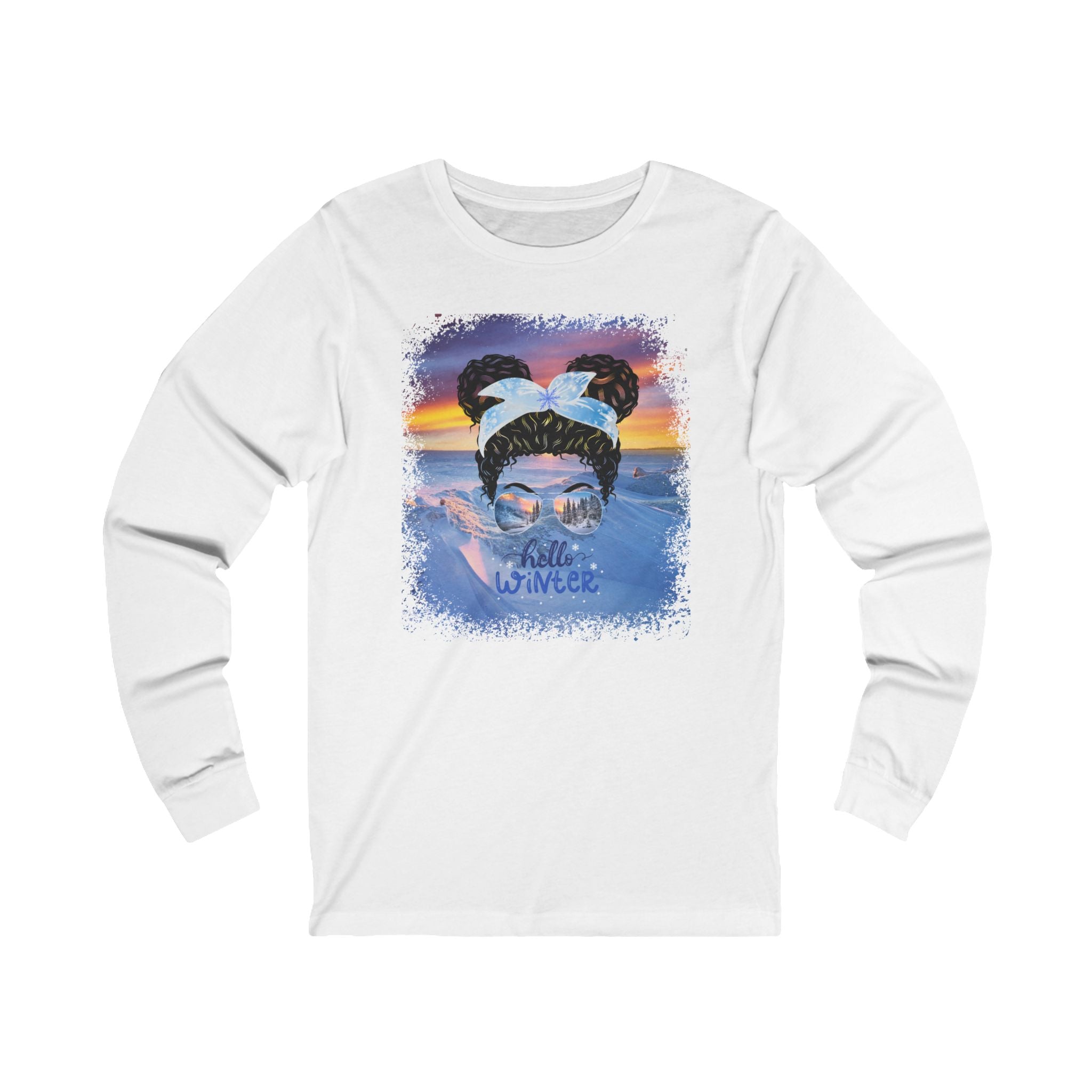 Hello Winter, Winter Mountain, Black Hair Messy Bun, Unisex Jersey Long Sleeve Tee