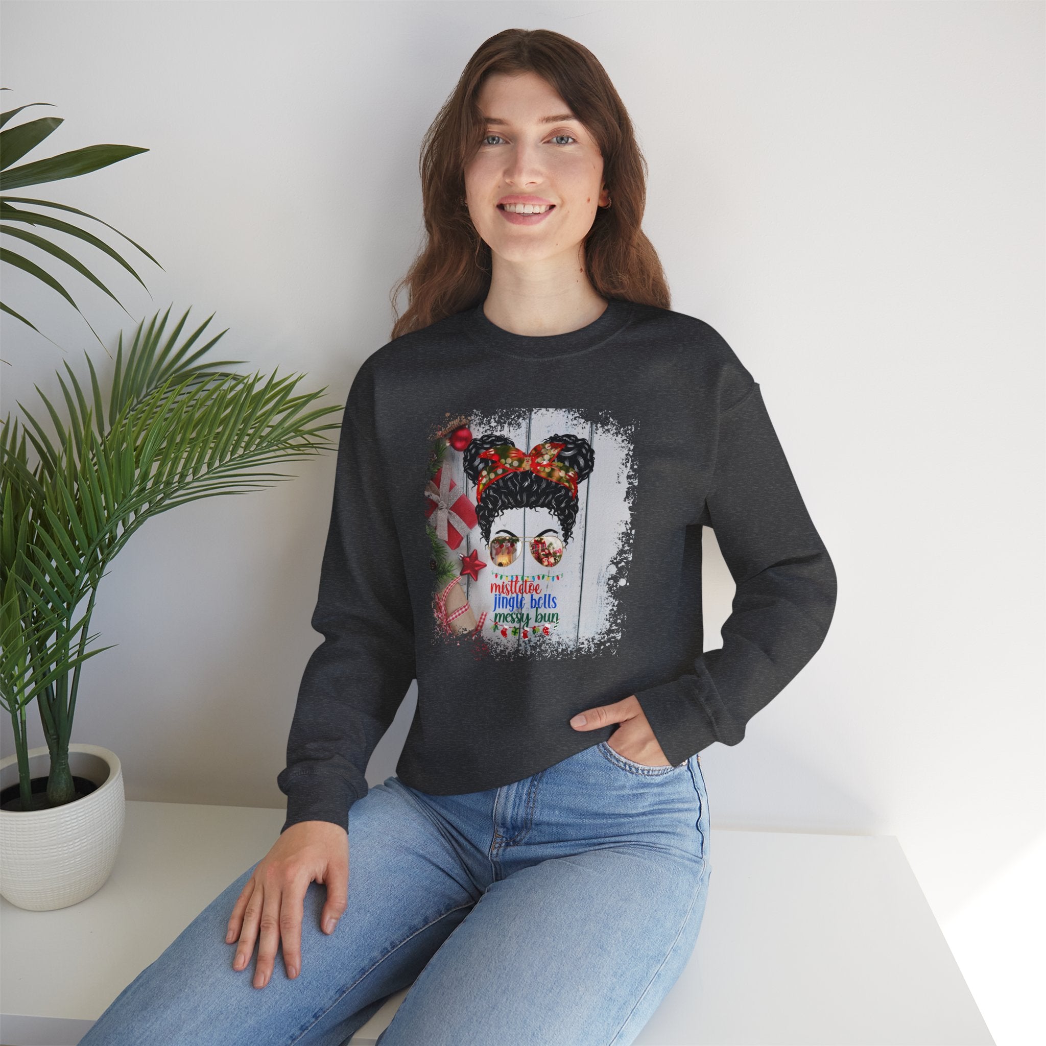 Messy Bun Christmas Presents, Black Hair Messy Bun, Unisex Heavy Blend™ Crewneck Sweatshirt