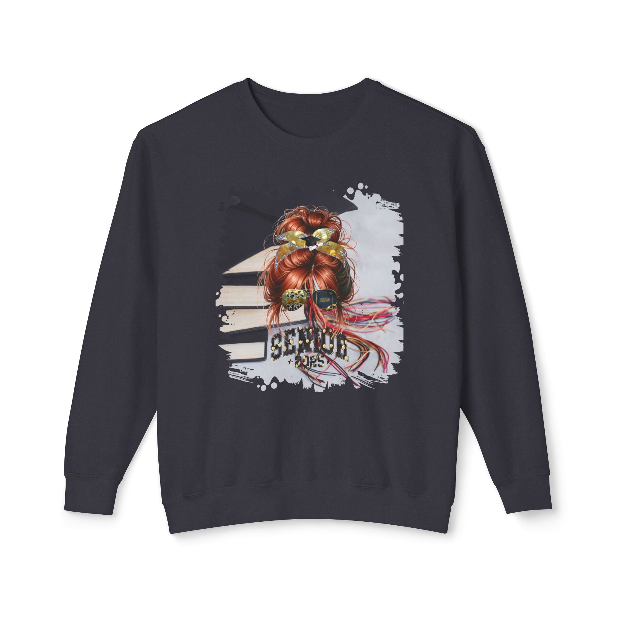 Senior 2025 Balloons, Cap & Books, Red Hair Messy Bun, Unisex Lightweight Crewneck Sweatshirt